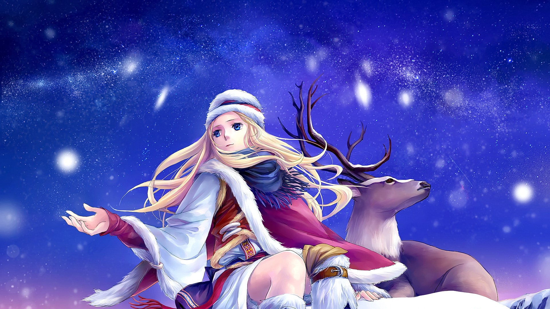 Free download wallpaper Anime, Snow, Blonde, Hat, Women, Blue Eyes, Long Hair on your PC desktop