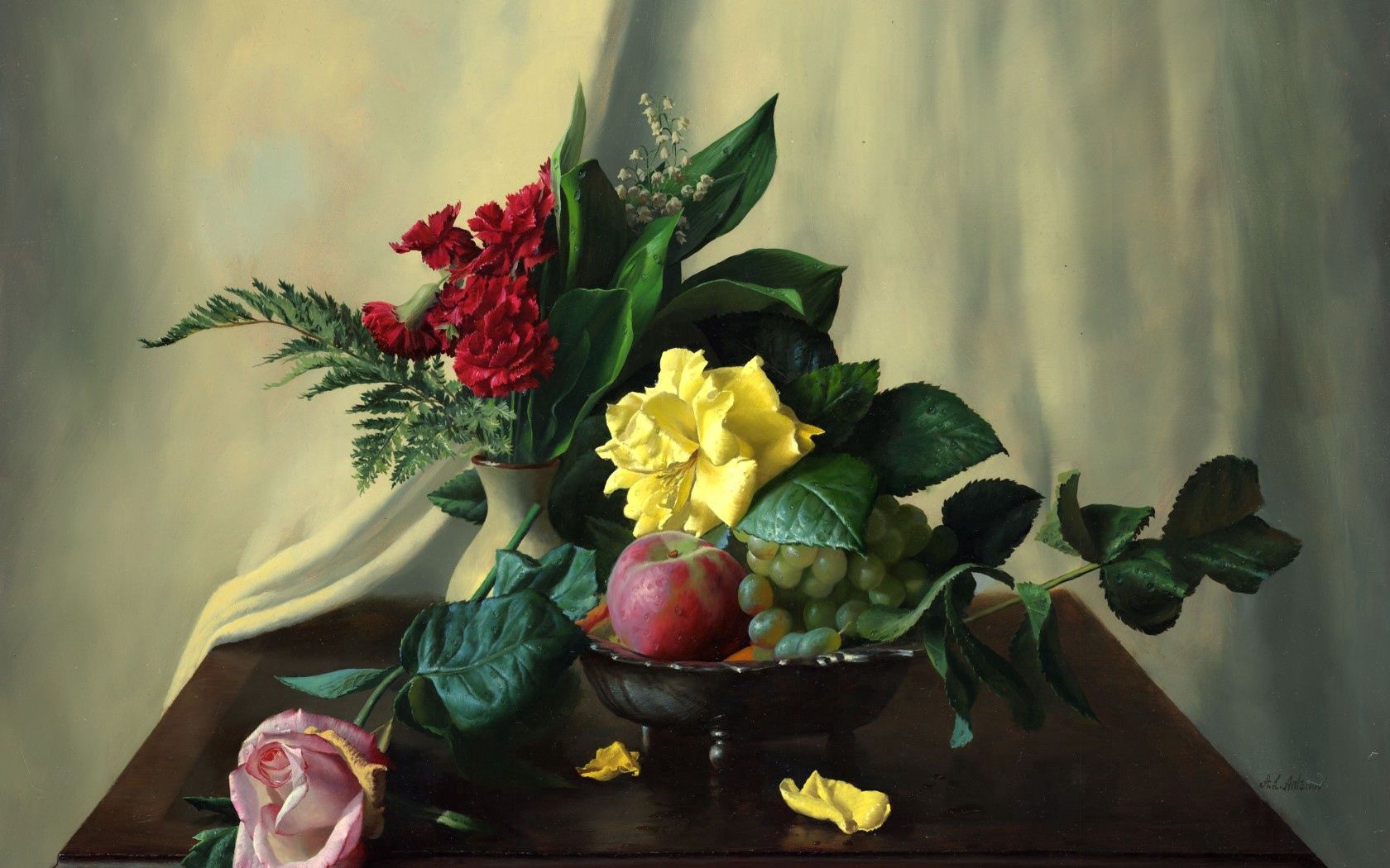 fruits, flowers, food, roses, apples, berries, lily of the valley, still life, carnations, fern, picture, table, side table