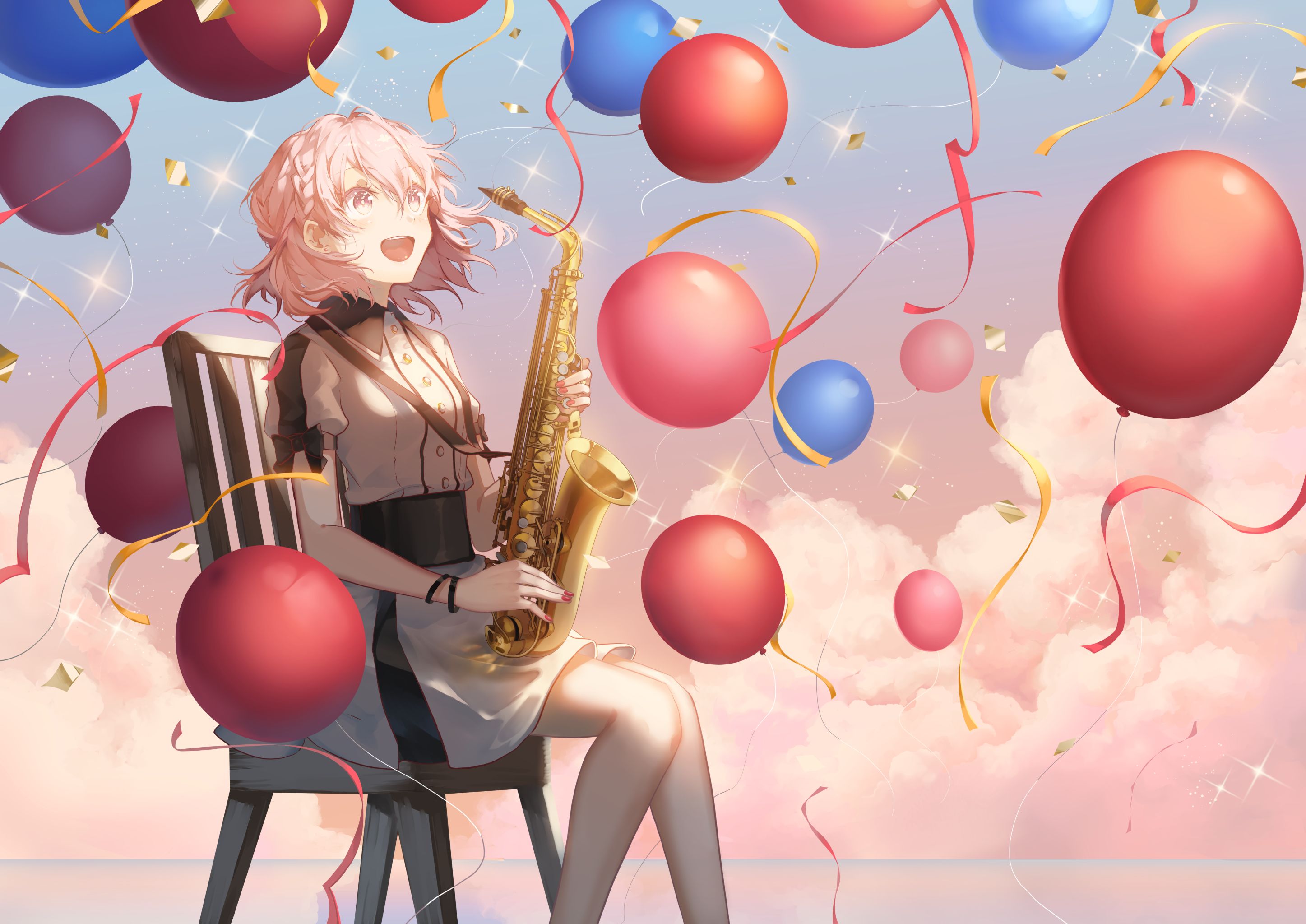 anime, original, balloon, pink hair, saxophone, short hair