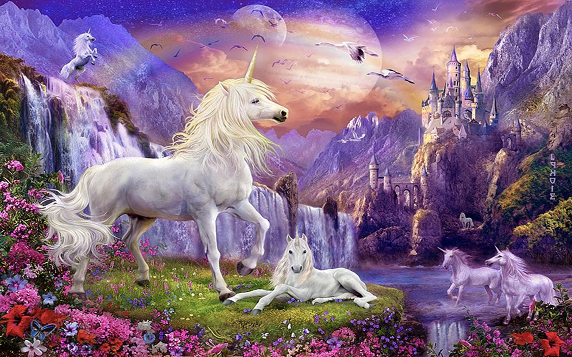 Download mobile wallpaper Fantasy, Waterfall, Unicorn, Castle, Fantasy Animals for free.