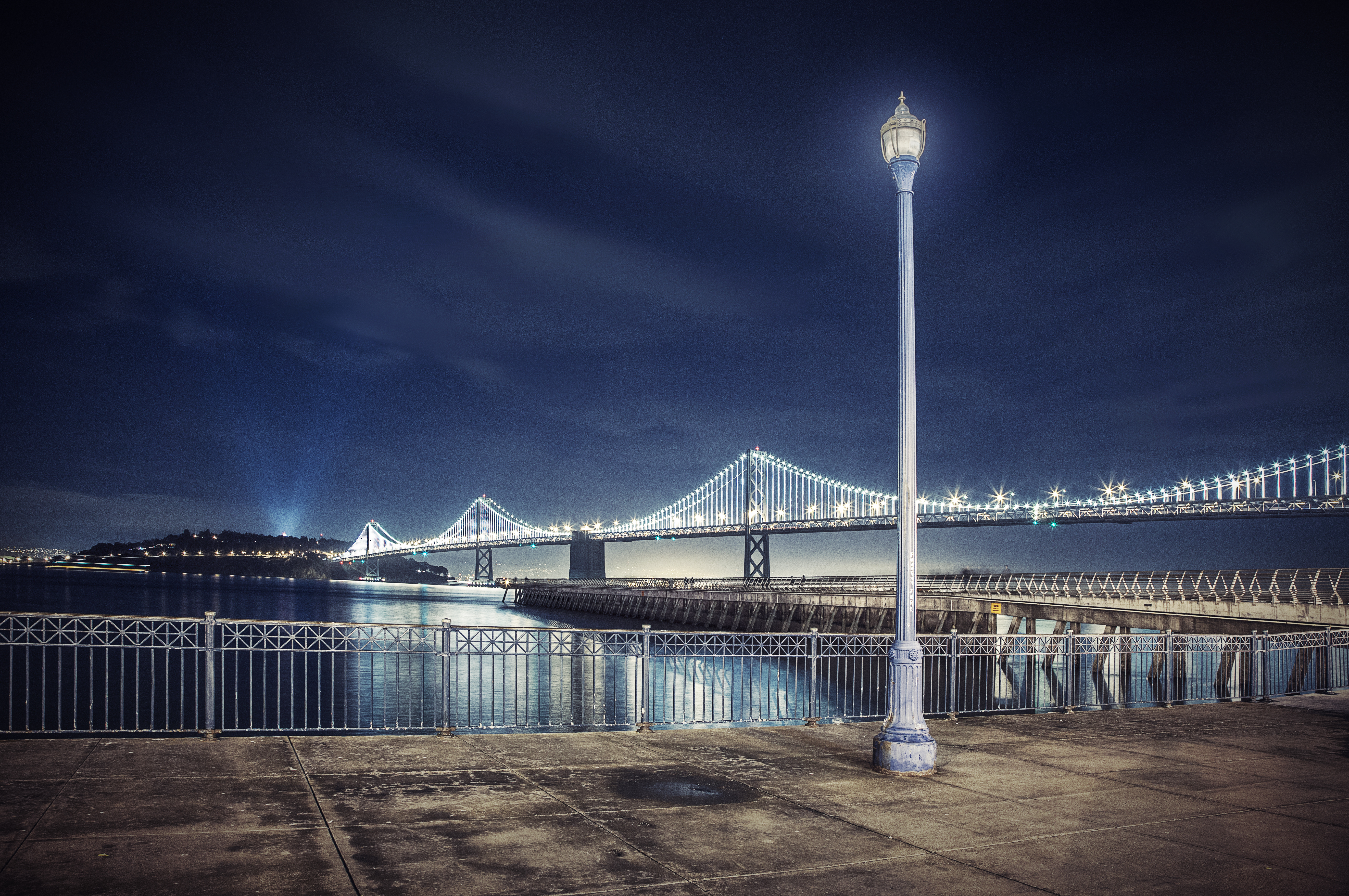 Download mobile wallpaper Bridges, Night, Light, Pier, Bridge, California, San Francisco, Lamp Post, Bay Bridge, Man Made for free.