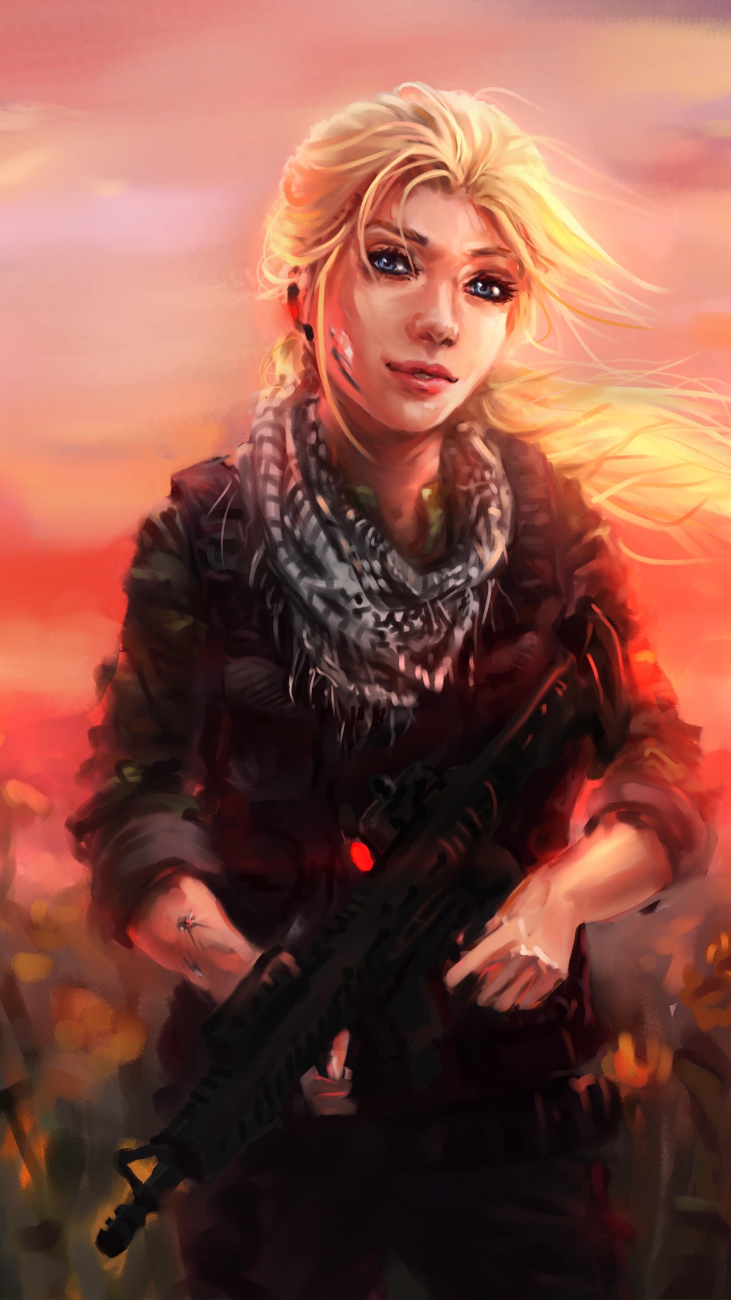 Download mobile wallpaper Sunset, Flower, Sci Fi, Sunflower, Military, Gun, Women Warrior, Assault Rifle for free.