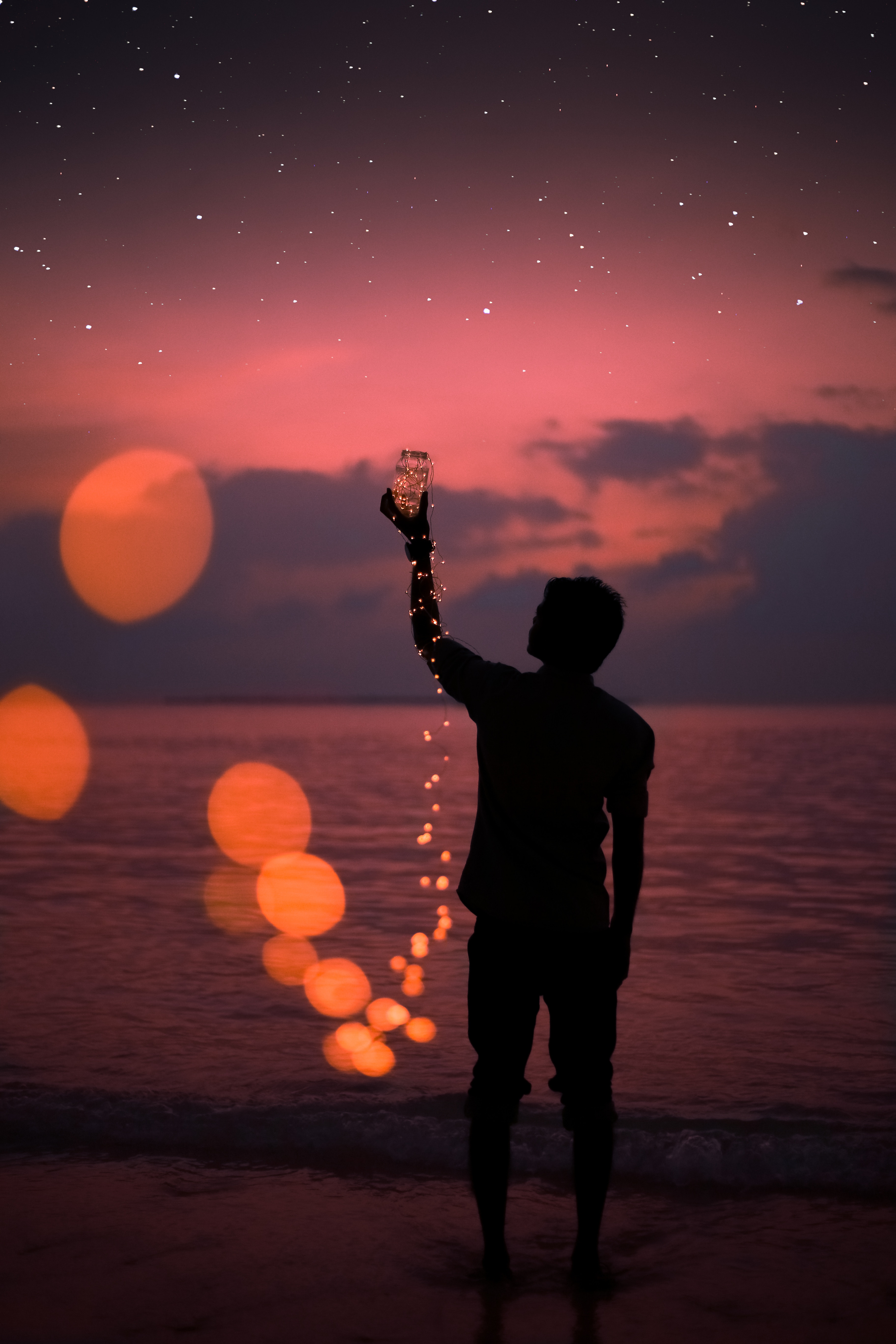 person, human, sea, glare, dark, stars, shore, bank, silhouette, jar cellphone