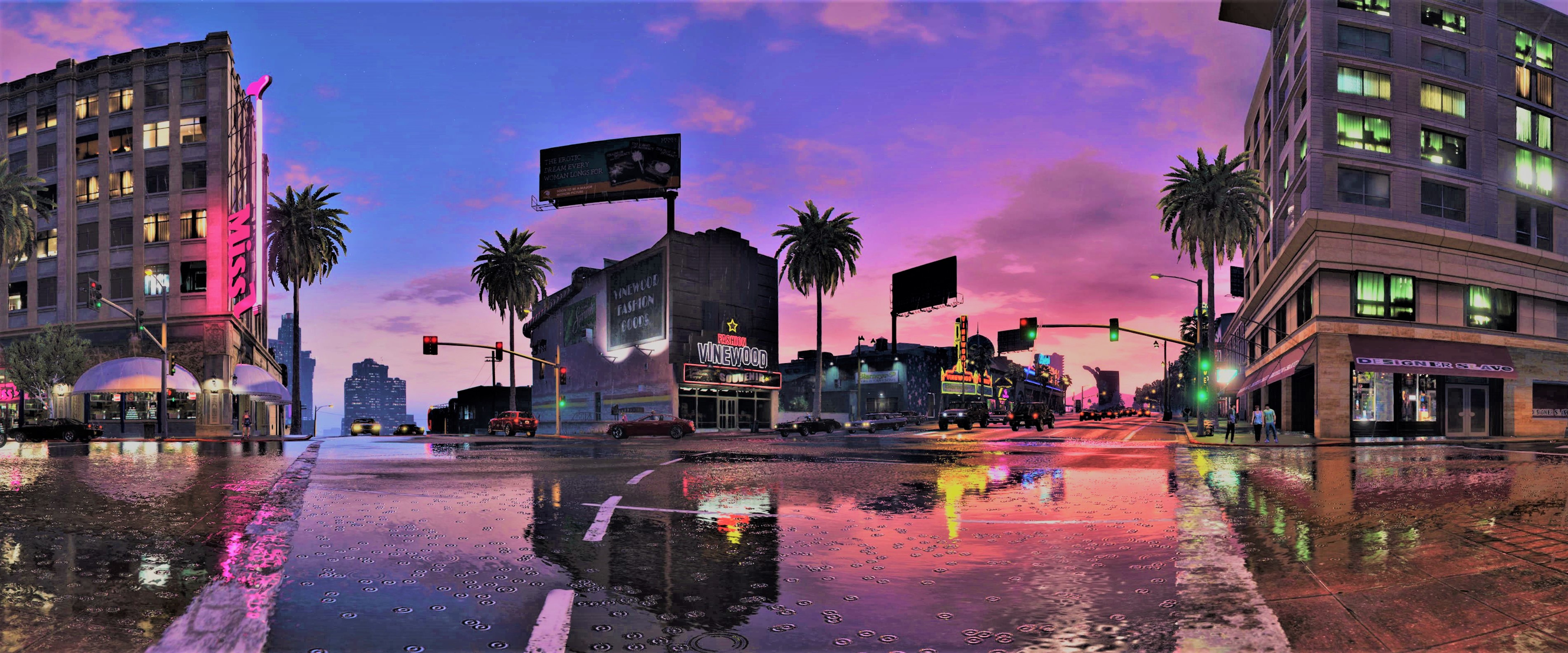 Скачать картинку Небо, Город, Отражение, Дорога, Улица, Видеоигры, Grand Theft Auto V в телефон бесплатно.