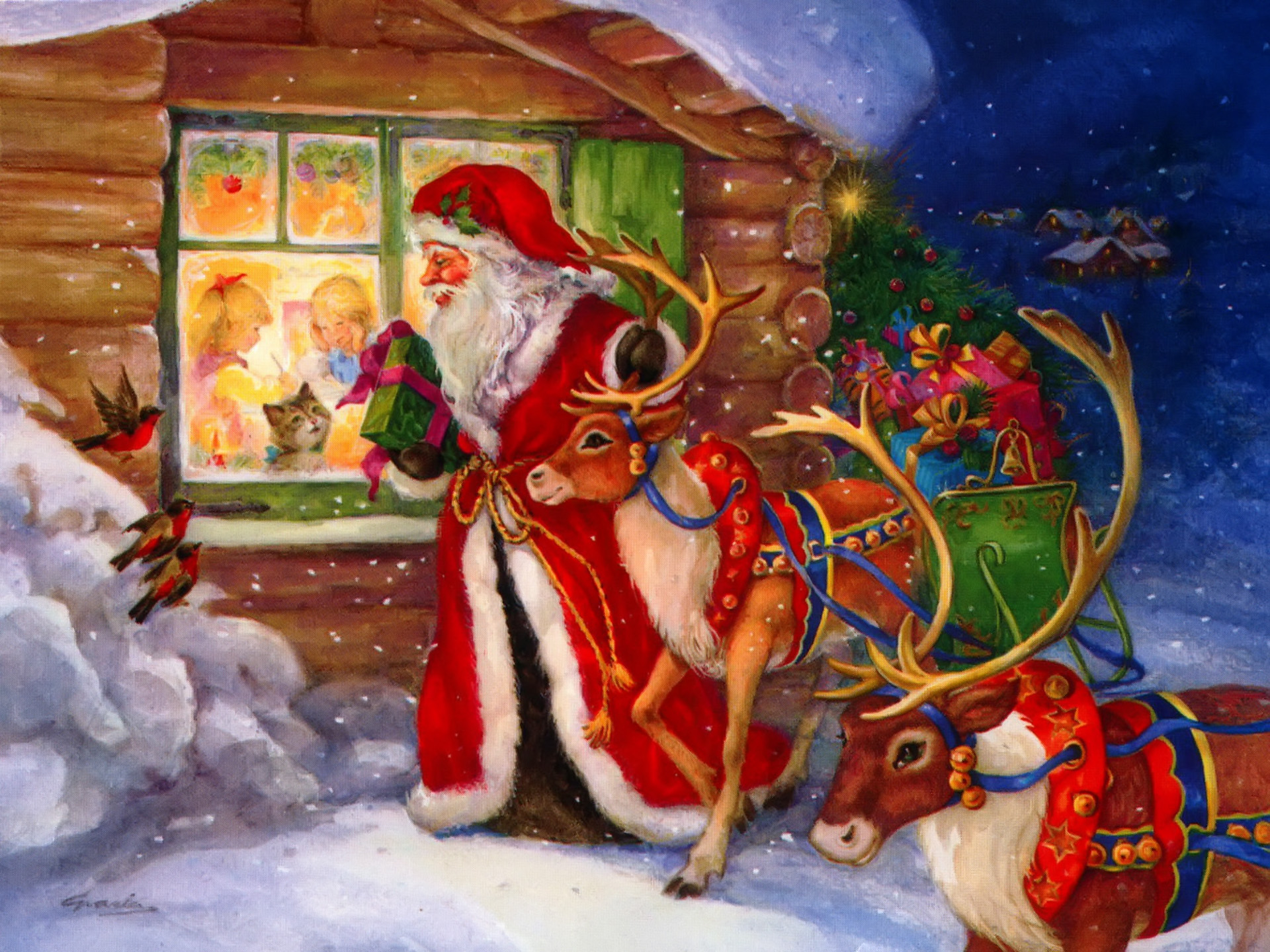Téléchargez des papiers peints mobile Père Noël, Noël, Vacances, Cadeau, Renne gratuitement.