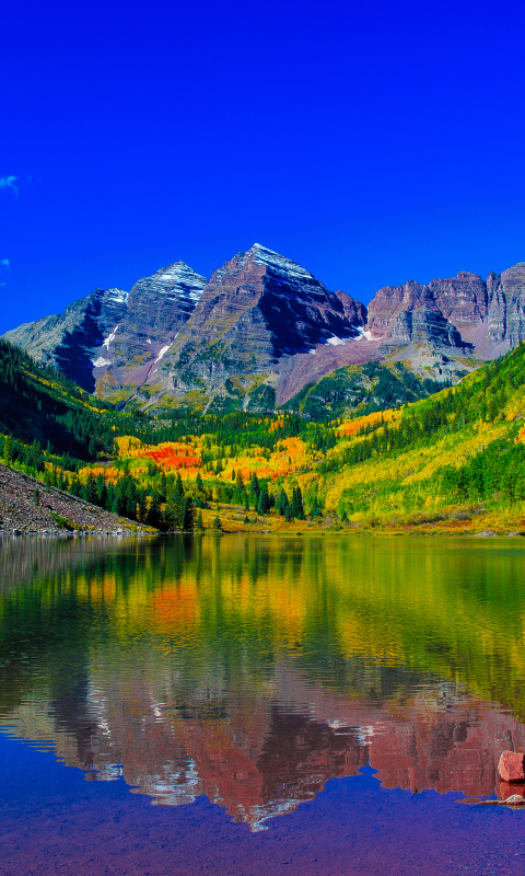 Скачать картинку Природа, Озера, Гора, Озеро, Отражение, Лес, Скалистые Горы, Колорадо, Земля/природа, Вершина Горы, Озеро Марун в телефон бесплатно.