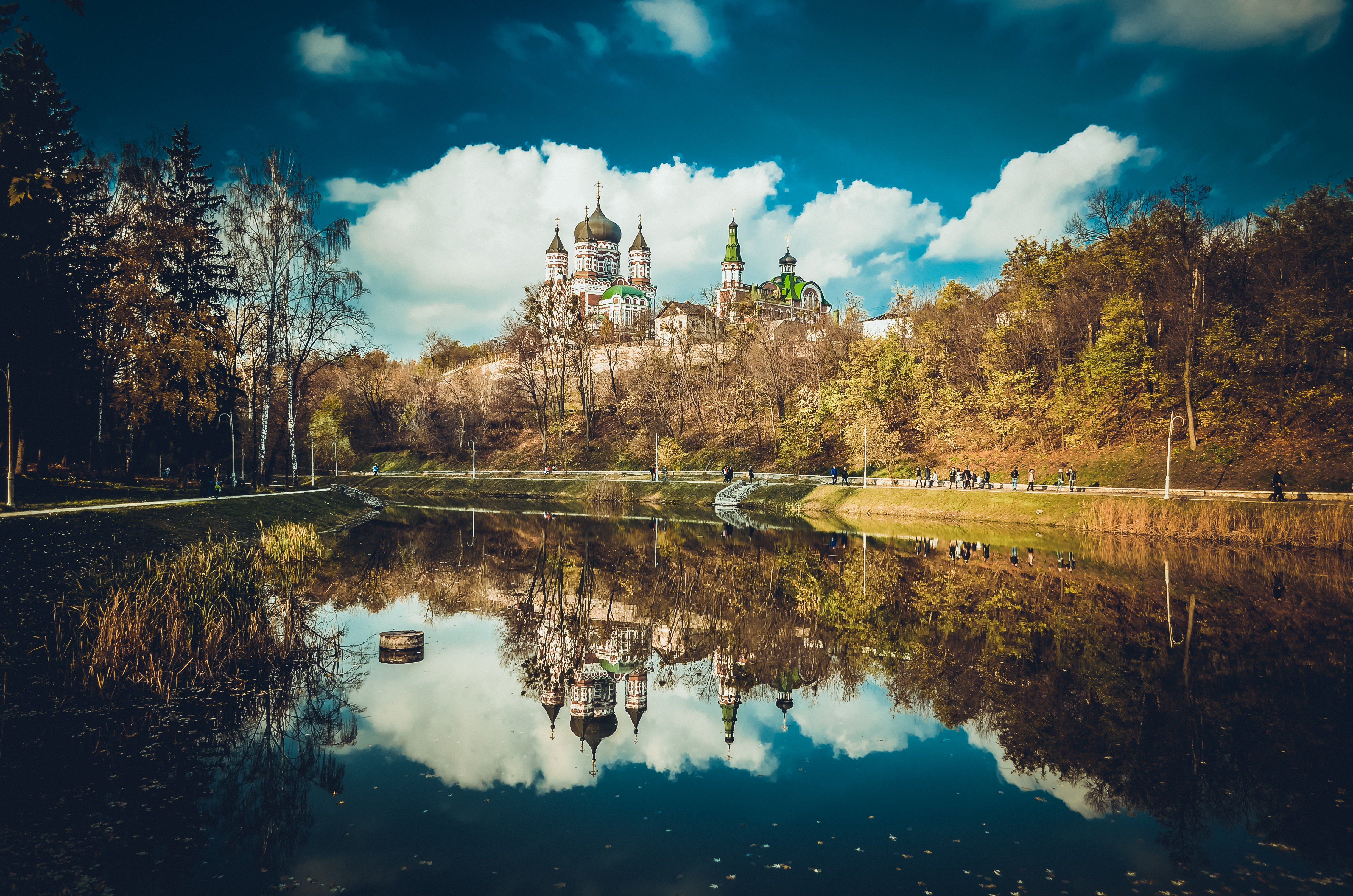 120998 descargar fondo de pantalla kiev, ciudades, reflexión, estanque, catedral, feofania, teofanía: protectores de pantalla e imágenes gratis
