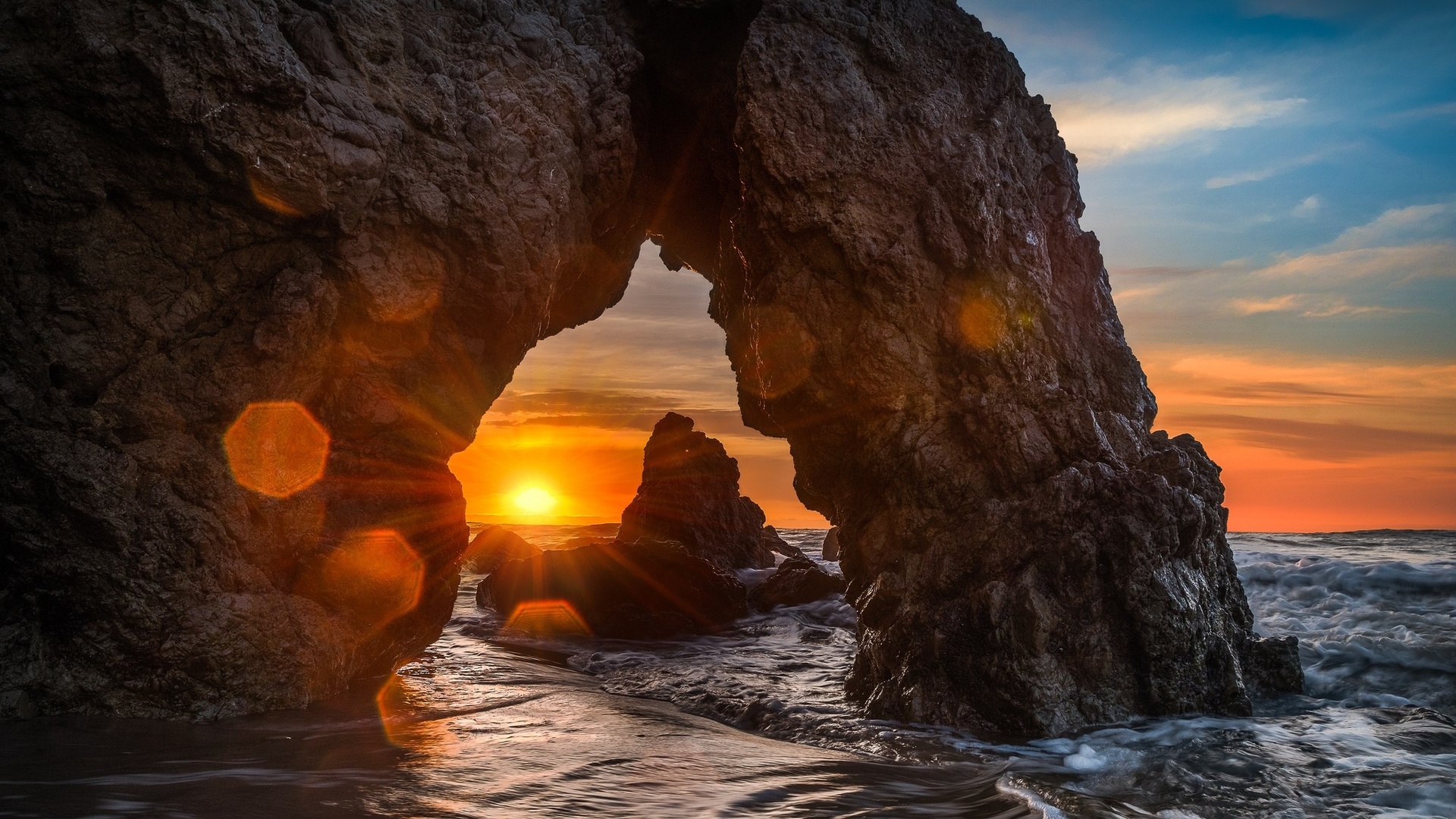 Laden Sie das Ozean, Sonnenuntergang, Sonne, Erde/natur, Felsentor-Bild kostenlos auf Ihren PC-Desktop herunter