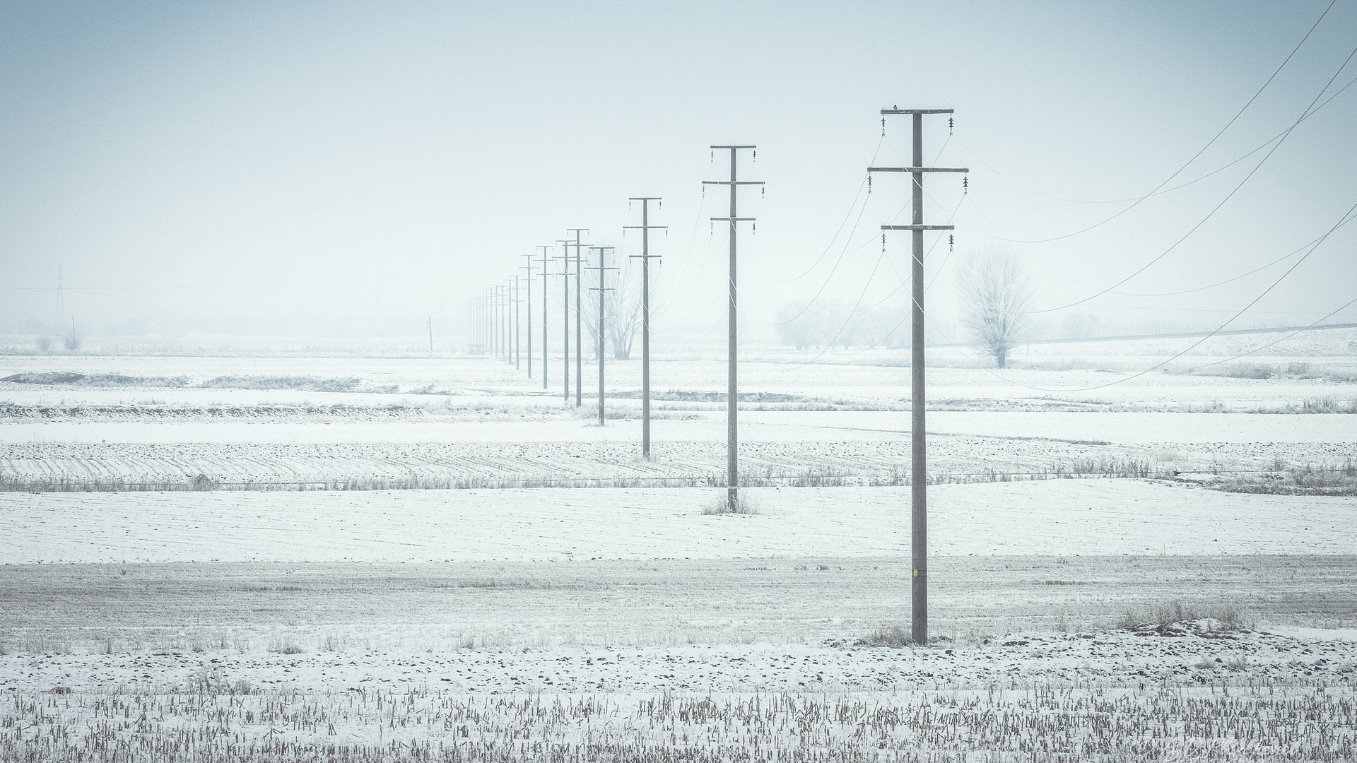 Download mobile wallpaper Winter, Fog, Field, Man Made, Power Line for free.