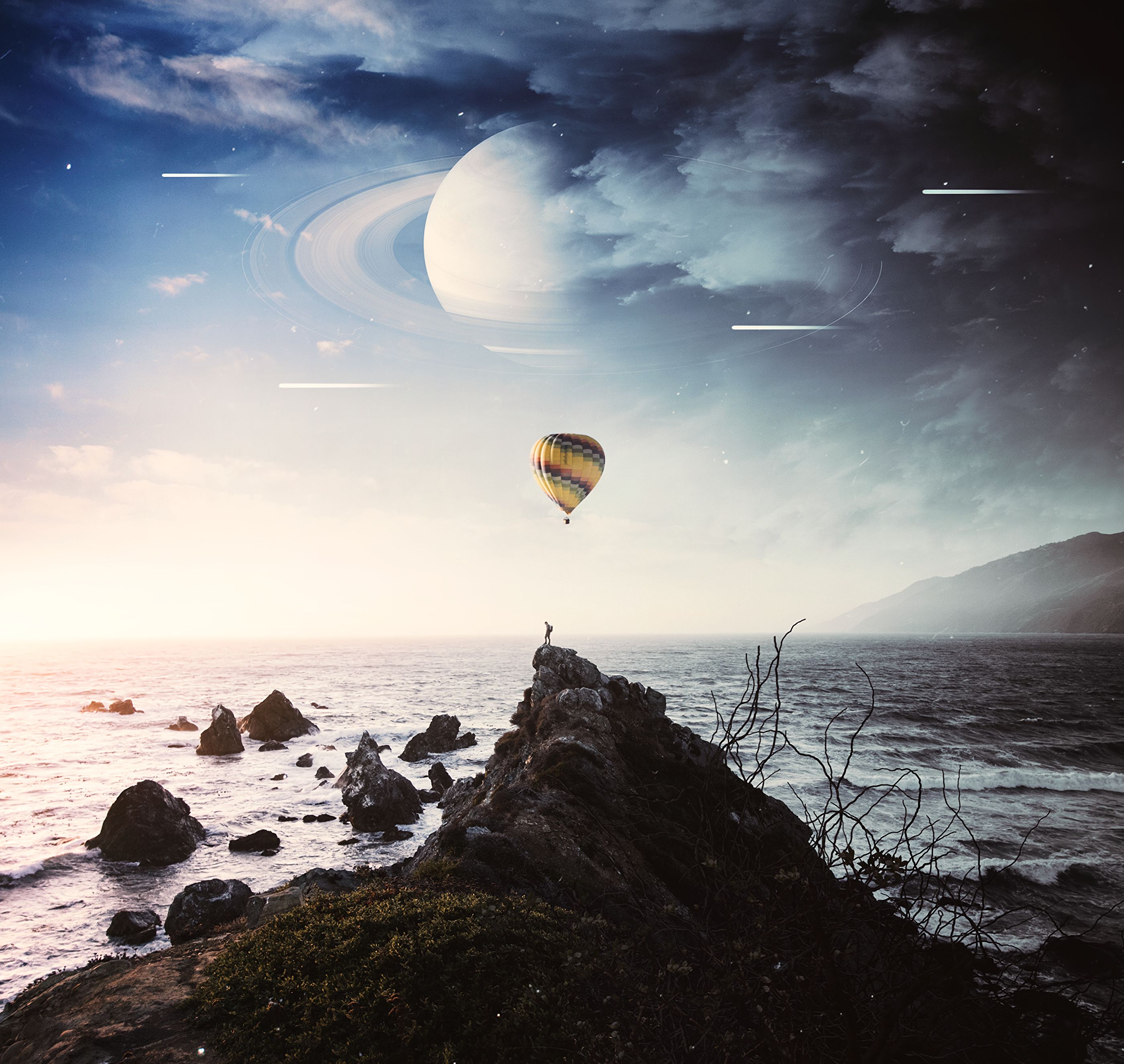 nature, silhouette, break, precipice, balloon, planet, photoshop HD wallpaper