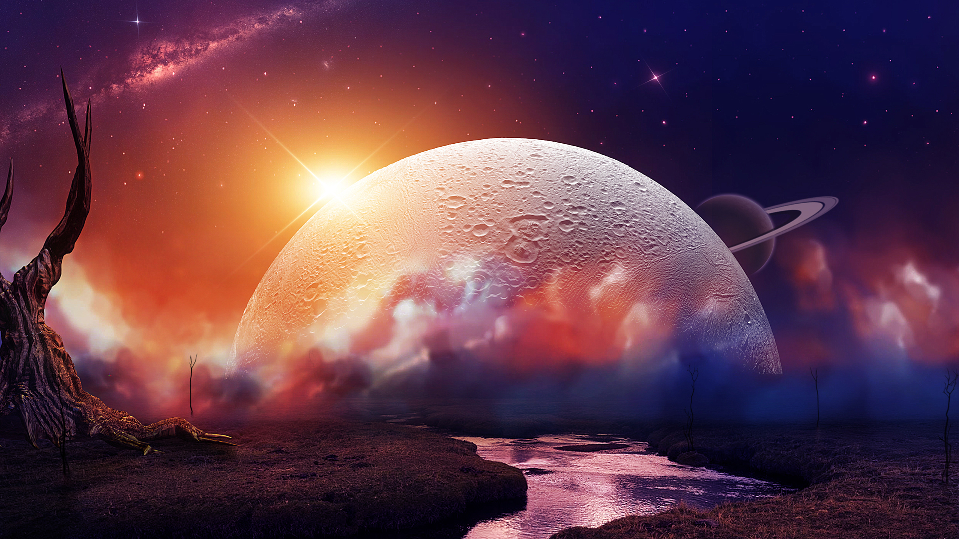 Laden Sie das Fluss, Science Fiction, Himmel, Sonnenuntergang, Planetenaufgang-Bild kostenlos auf Ihren PC-Desktop herunter