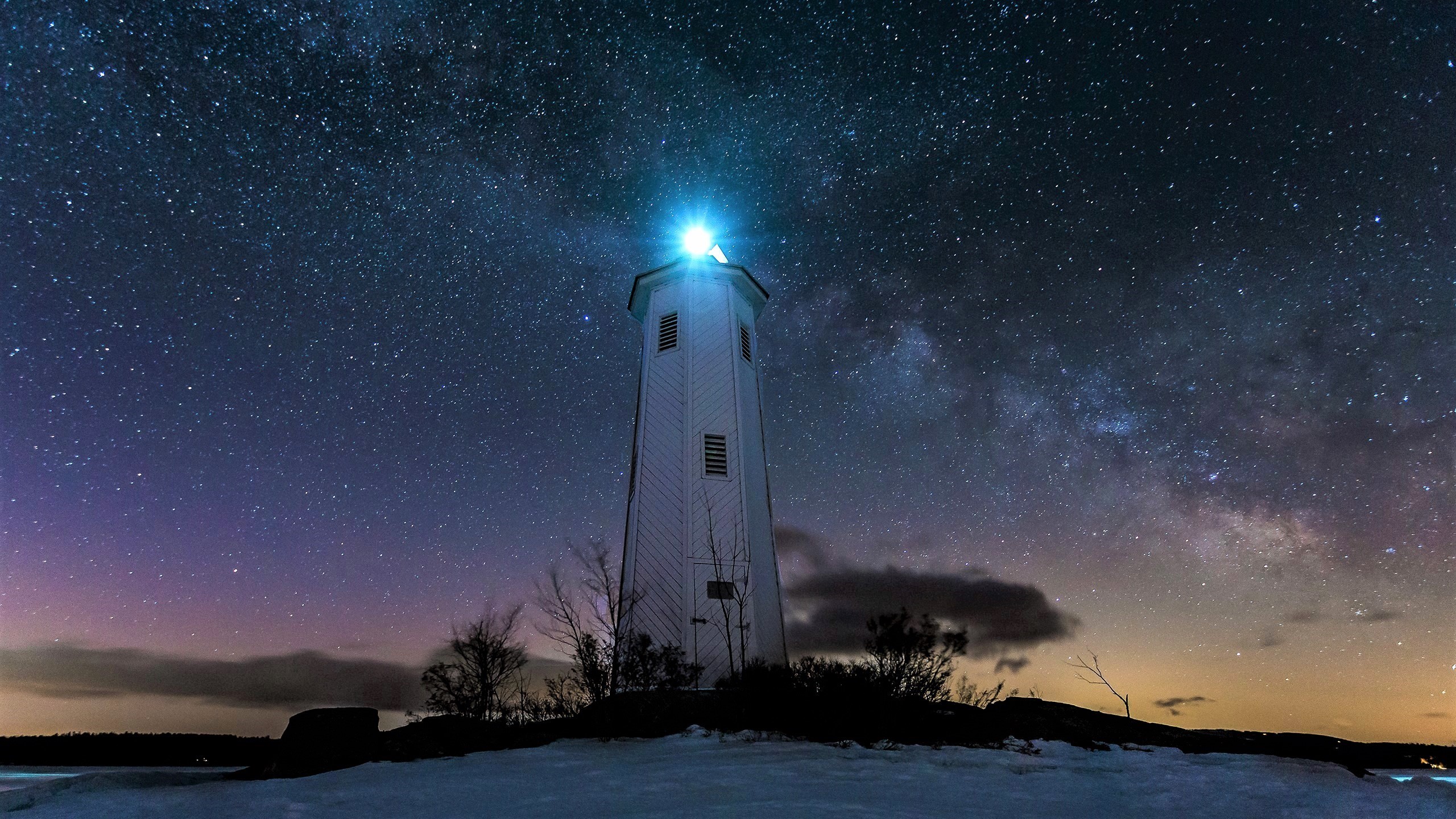Download mobile wallpaper Winter, Stars, Night, Starry Sky, Milky Way, Lighthouse, Man Made for free.