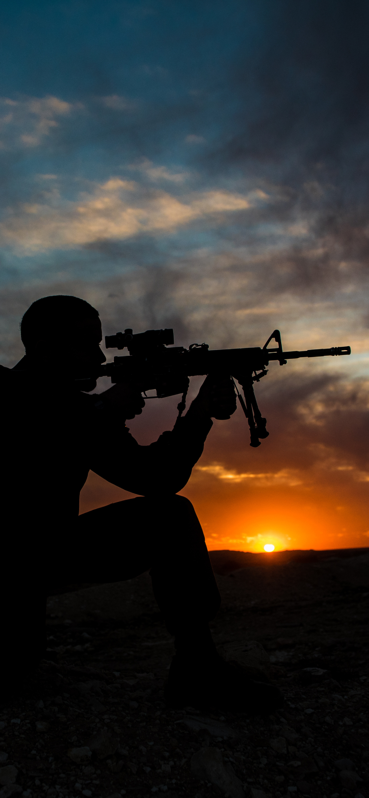 Download mobile wallpaper Sunset, Silhouette, Military, Soldier, Gun for free.