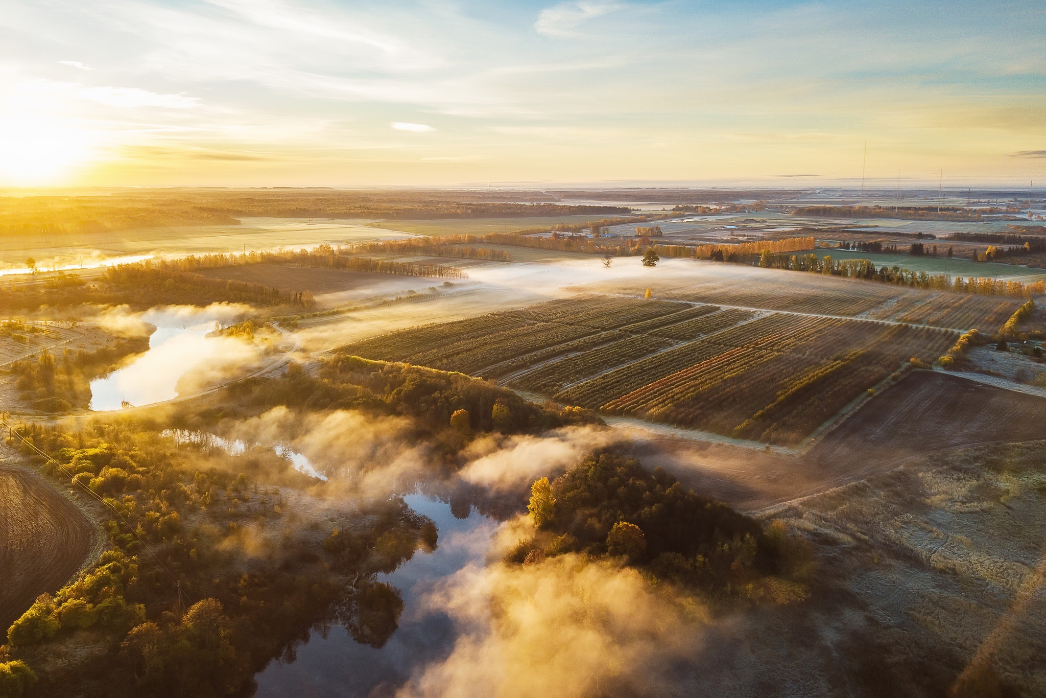 Free download wallpaper Landscape, Nature, Horizon, Fog, Field, River, Photography on your PC desktop