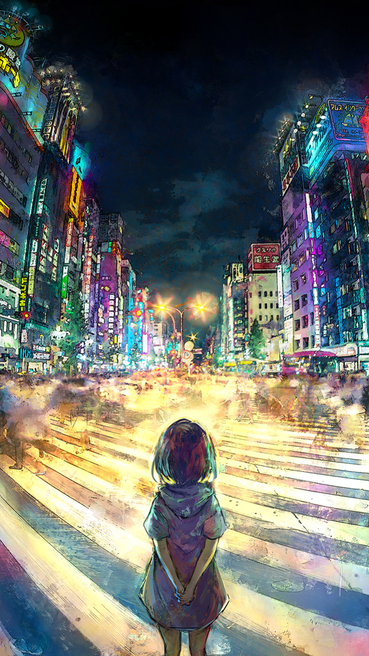 Download mobile wallpaper Anime, Night, City, Building, Light, Original for free.