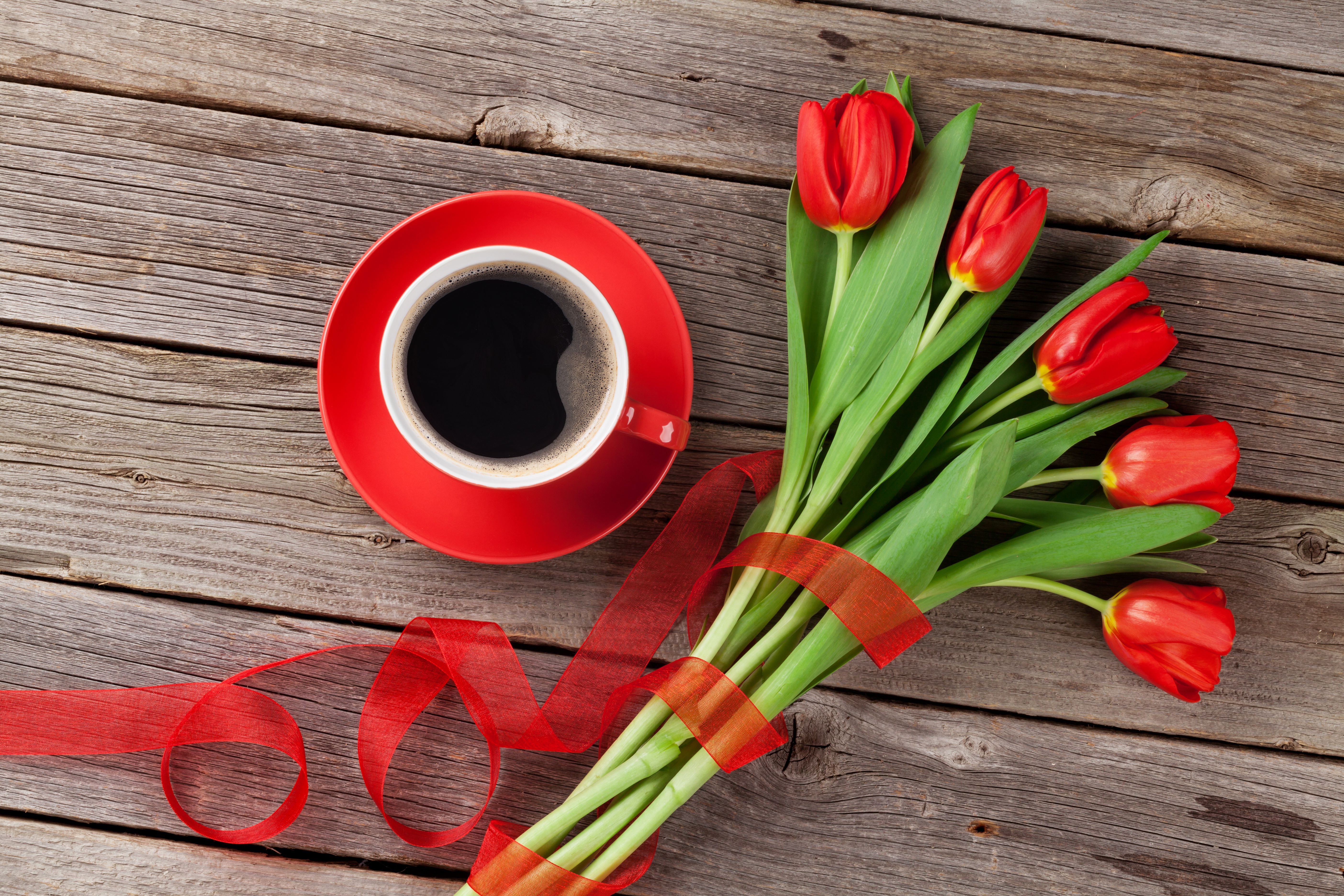 Download mobile wallpaper Food, Coffee, Still Life, Flower, Cup, Tulip, Red Flower for free.