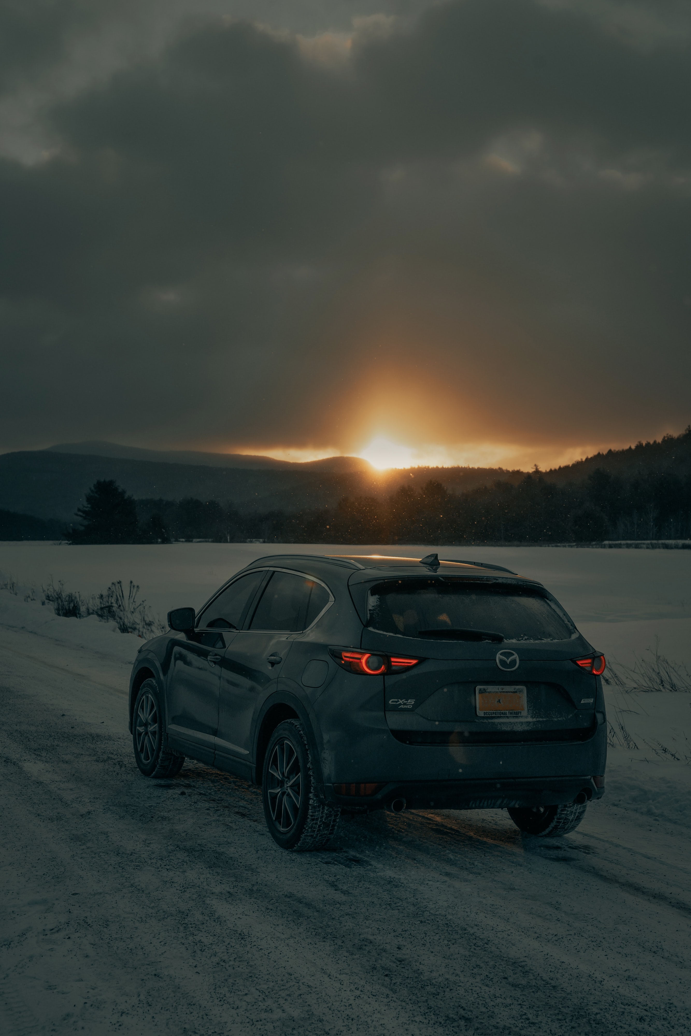 Free download wallpaper Sunset, Snow, Cars, Mazda Cx 5, Car, Back View, Rear View, Suv, Grey, Mazda on your PC desktop