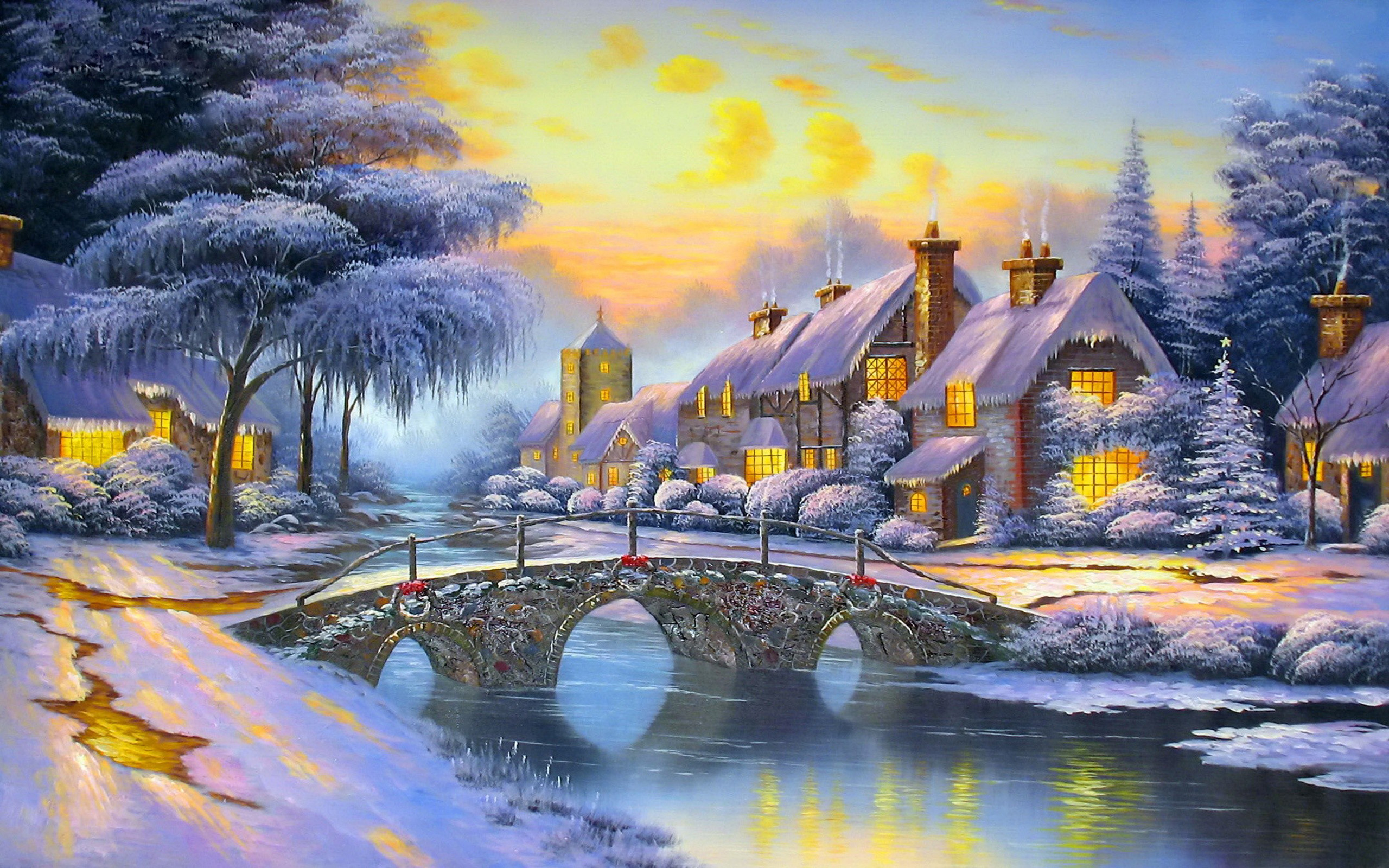 Скачать картинку Зима, Снег, Дерево, Дом, Мост, Деревня, Художественные в телефон бесплатно.