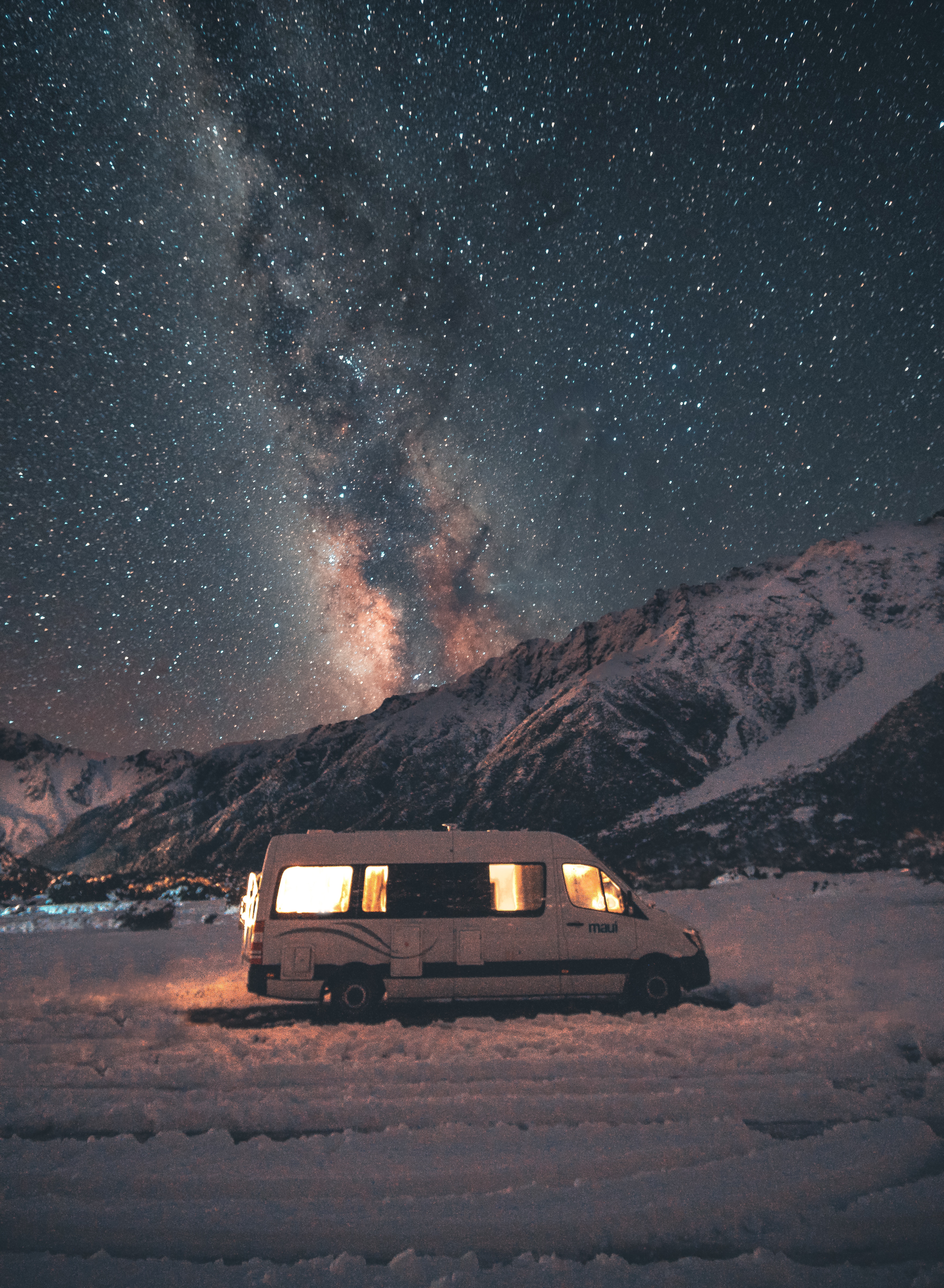 van, starry sky, landscape, nature, mountains, night, journey