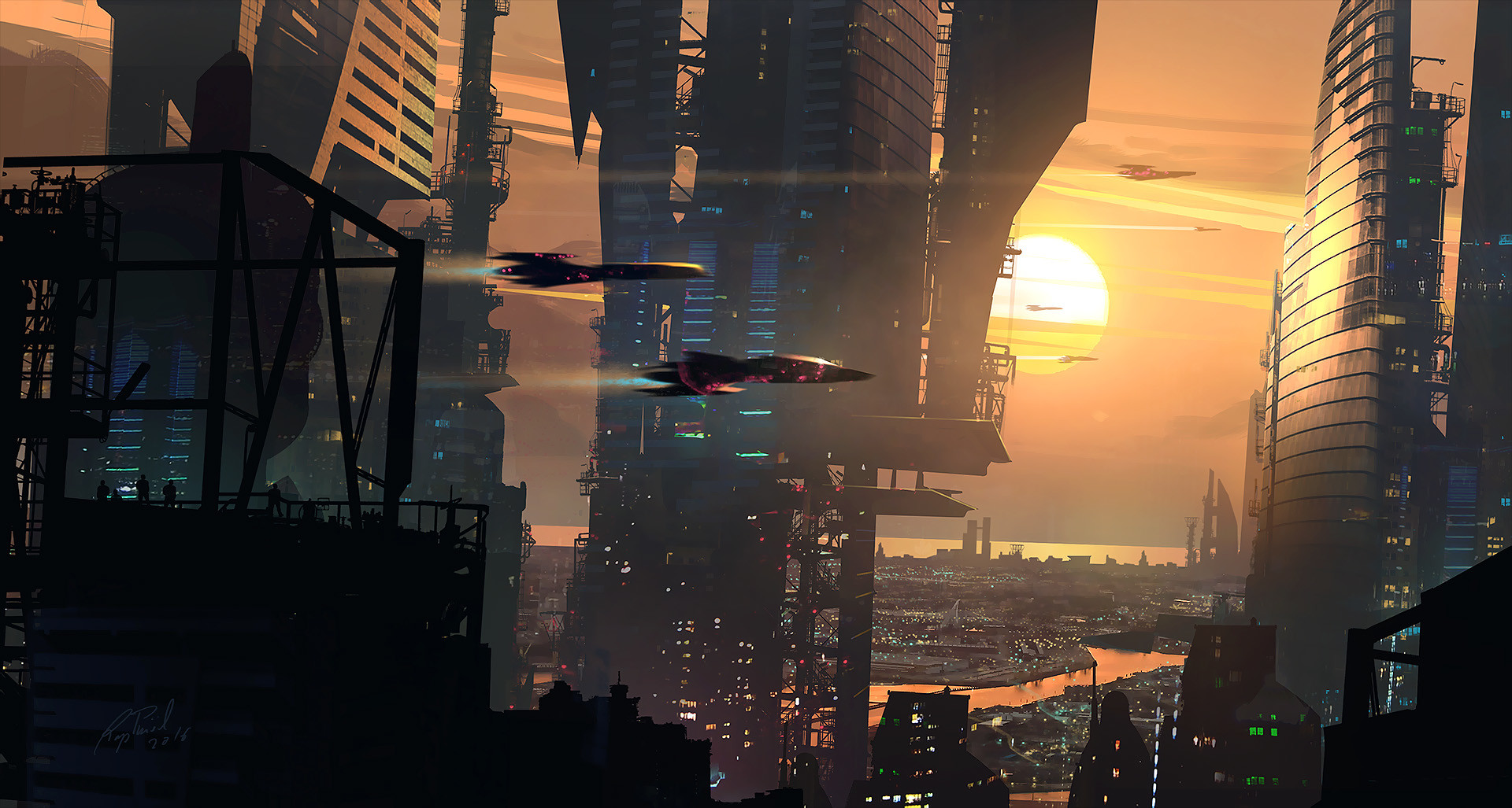 Download mobile wallpaper Sunset, Sky, City, Building, Sci Fi, Aircraft for free.