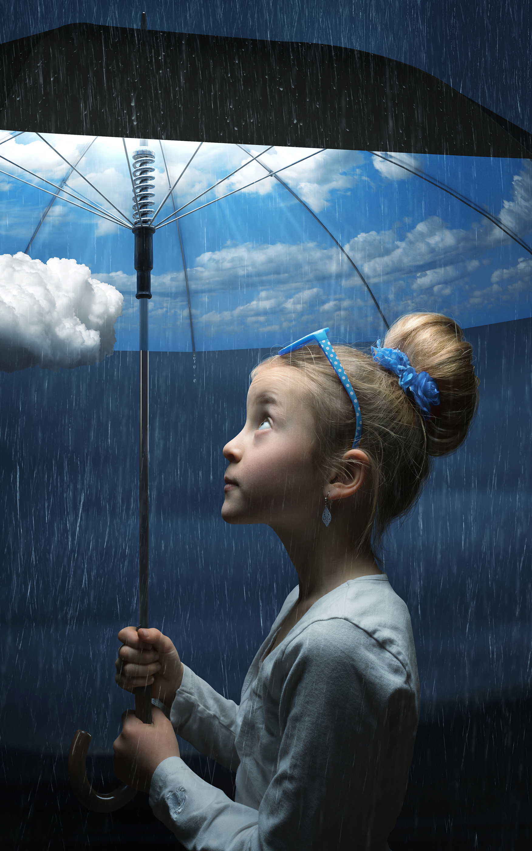 Download mobile wallpaper Fantasy, Sky, Rain, Umbrella, Cloud, Child, Blonde, Manipulation, Little Girl for free.