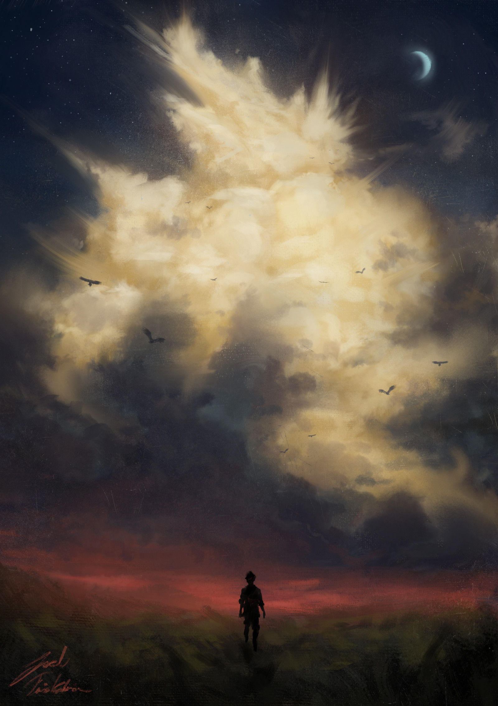 Download mobile wallpaper Loneliness, Sky, Lonely, Silhouette, Birds, Art, Alone for free.