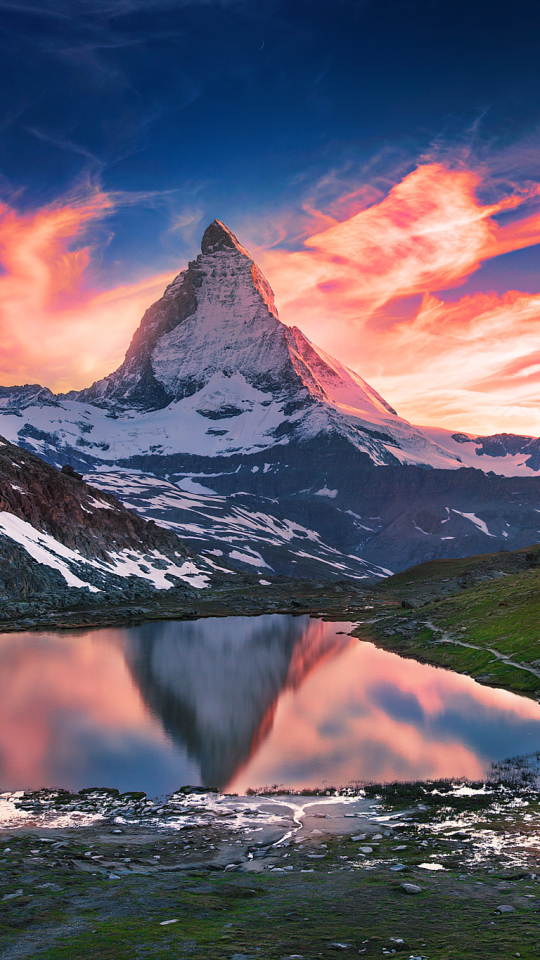 Download mobile wallpaper Mountains, Dawn, Mountain, Lake, Reflection, Earth, Switzerland, Matterhorn for free.