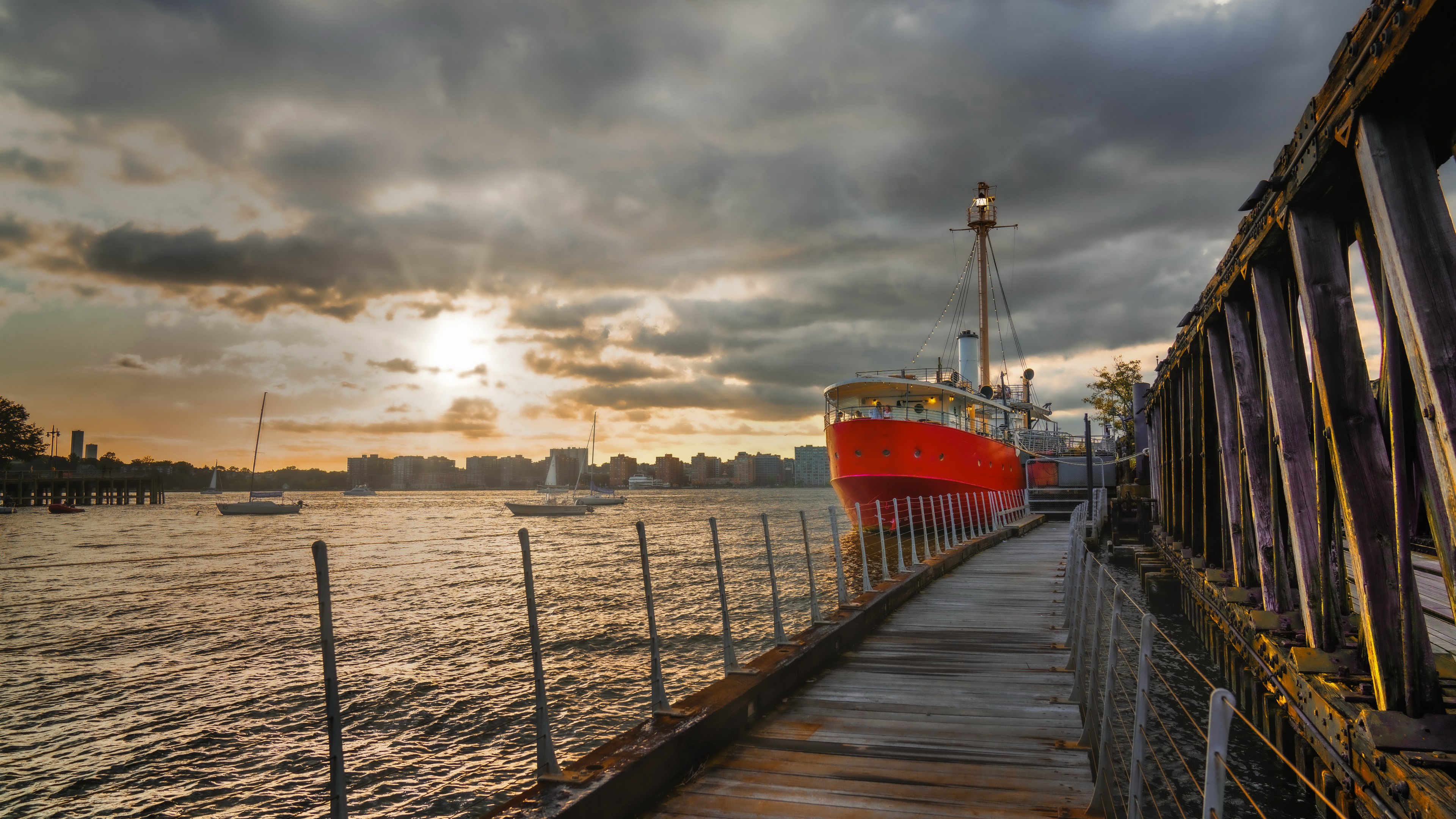 vehicles, ship, hudson river, motor ship, new york, pier, sunset