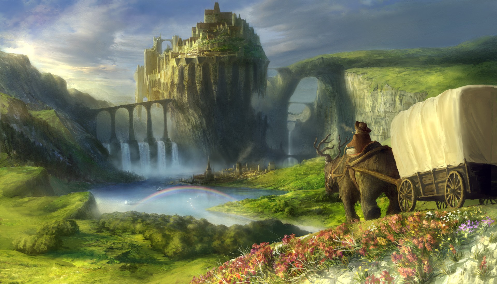 Free download wallpaper Landscape, Fantasy, City on your PC desktop