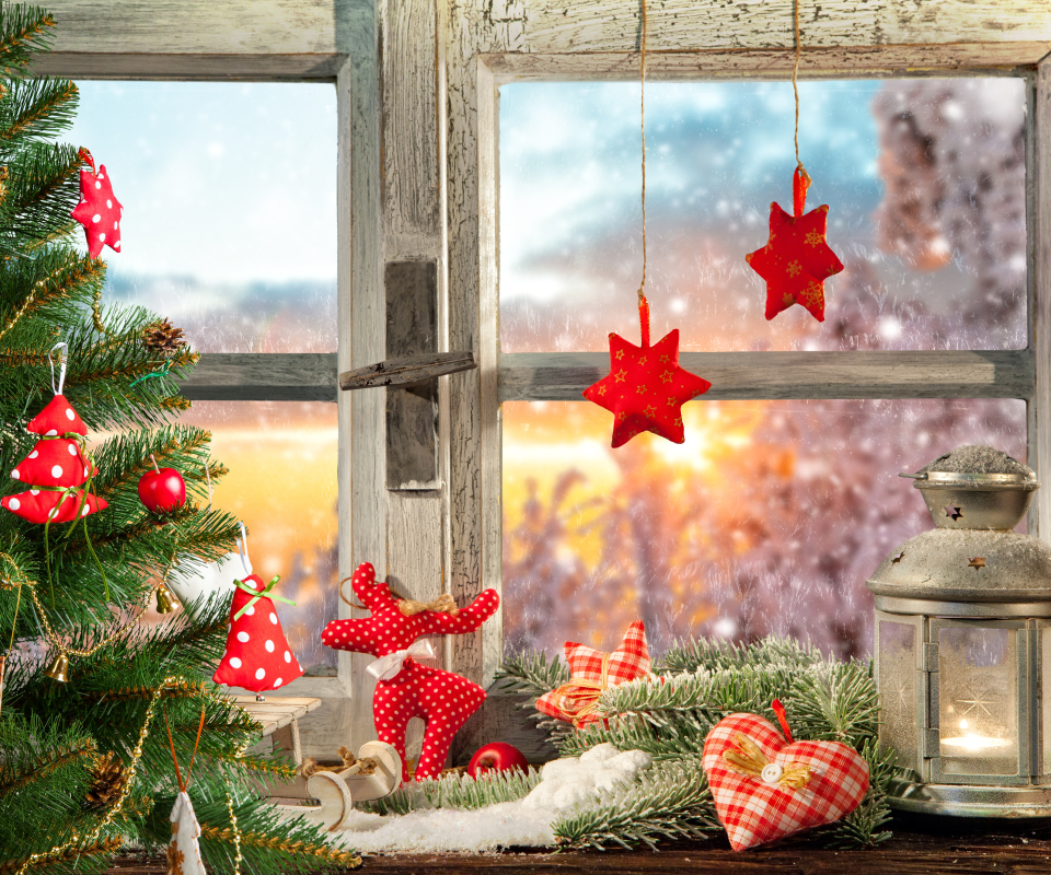 Free download wallpaper Christmas, Holiday, Lantern, Window, Heart, Christmas Tree, Star on your PC desktop