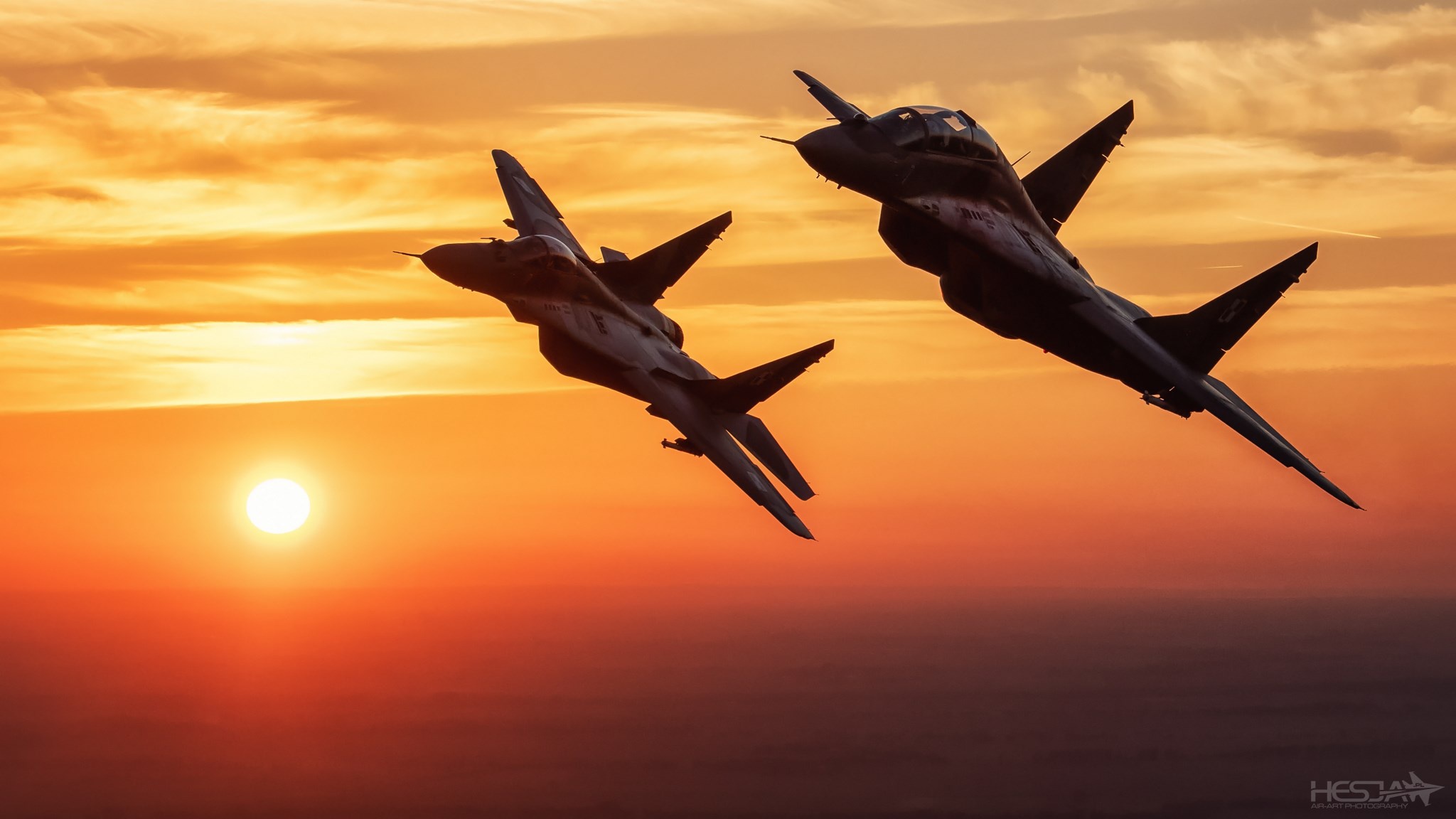 Free download wallpaper Sunset, Aircraft, Military, Jet Fighter, Warplane, Mikoyan Mig 29, Jet Fighters on your PC desktop