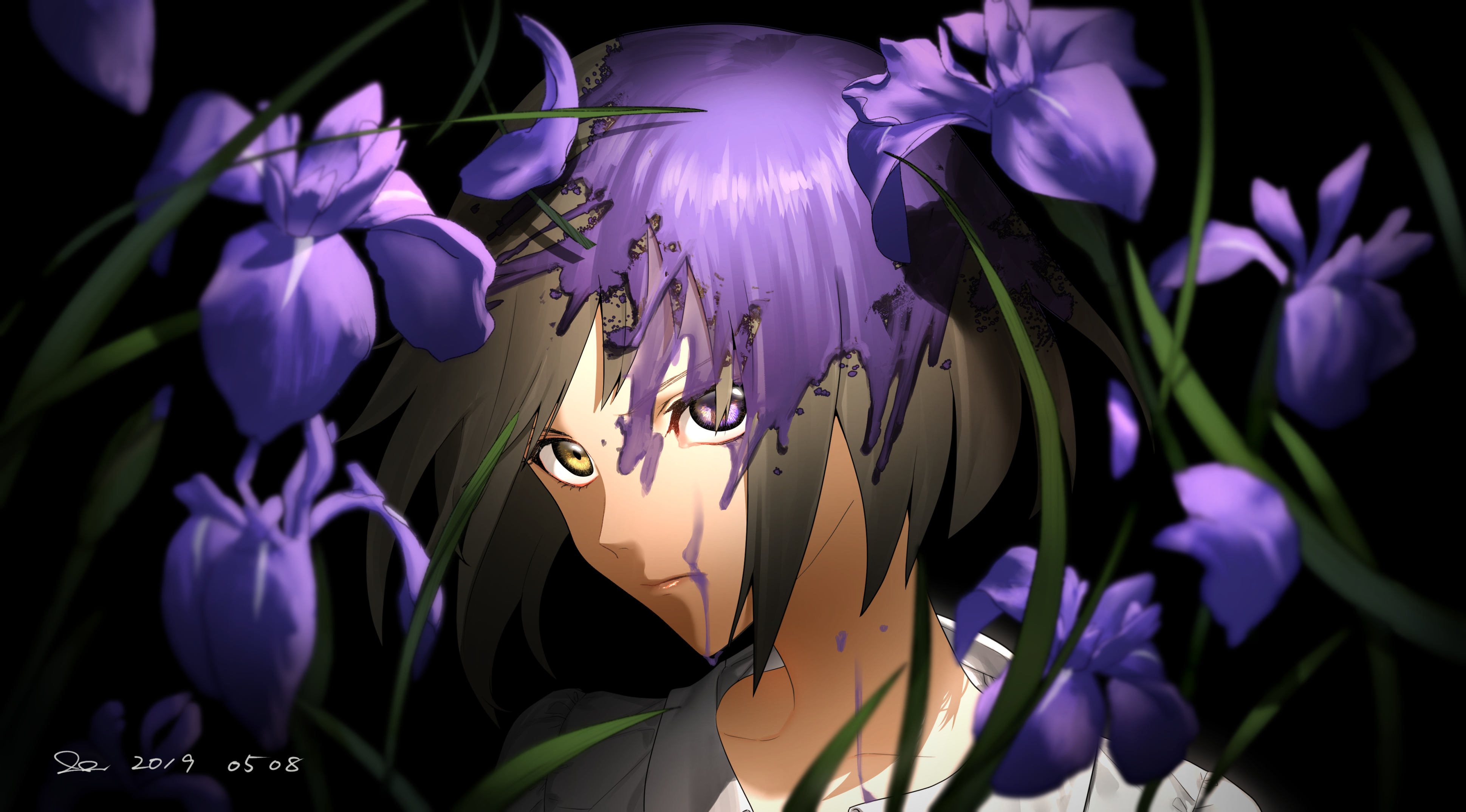Free download wallpaper Anime, Violet, Flower, Yellow Eyes, Heterochromia, Original, Brown Hair, Short Hair, Purple Eyes, Purple Hair on your PC desktop