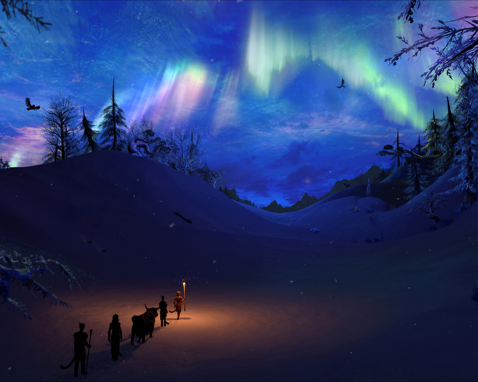 Free download wallpaper Winter, Fantasy, Sky, Night, Snow, Mountain, Aurora Borealis, Adventure on your PC desktop