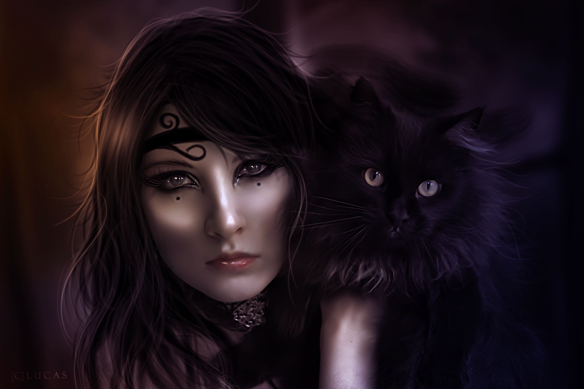 Download mobile wallpaper Fantasy, Dark, Cat, Face, Witch for free.