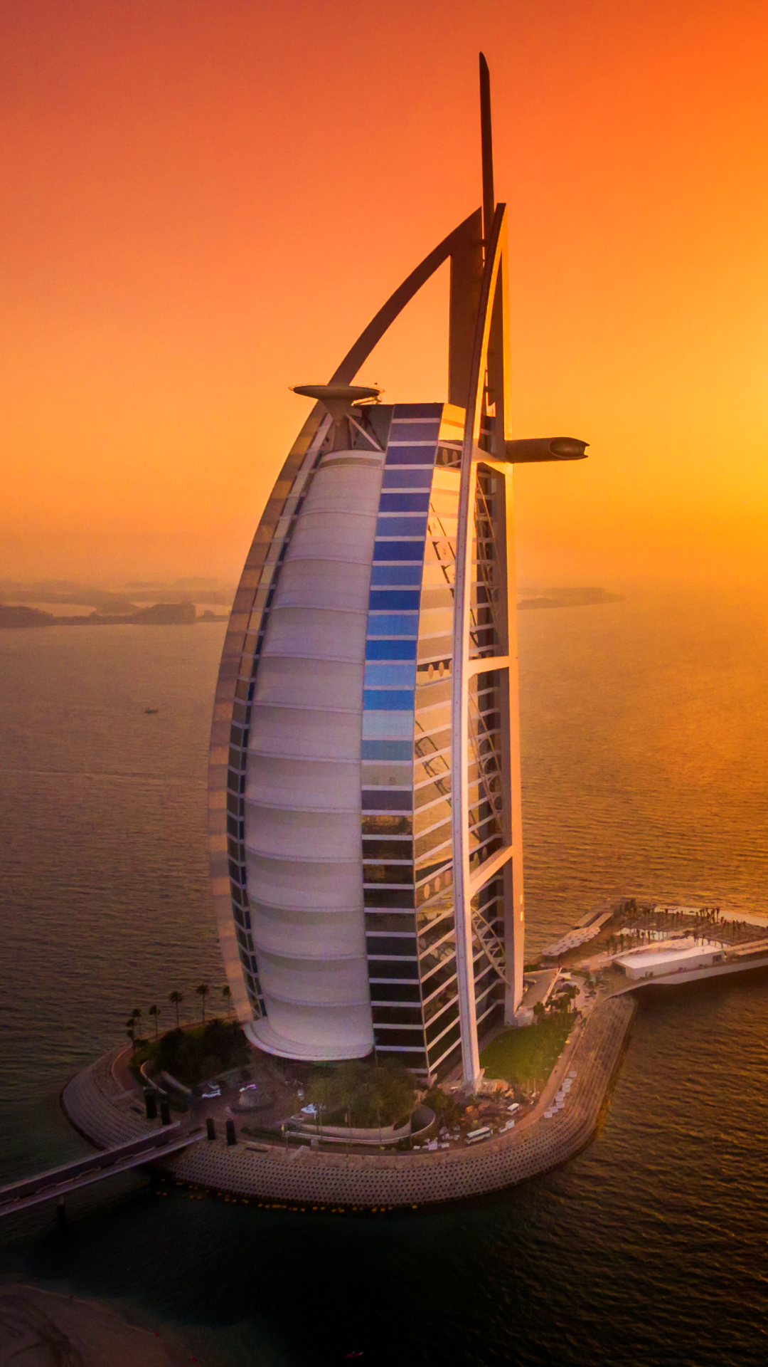 Handy-Wallpaper Gebäude, Dubai, Vereinigte Arabische Emirate, Burj Al Arab, Sonnenuntergang, Menschengemacht kostenlos herunterladen.