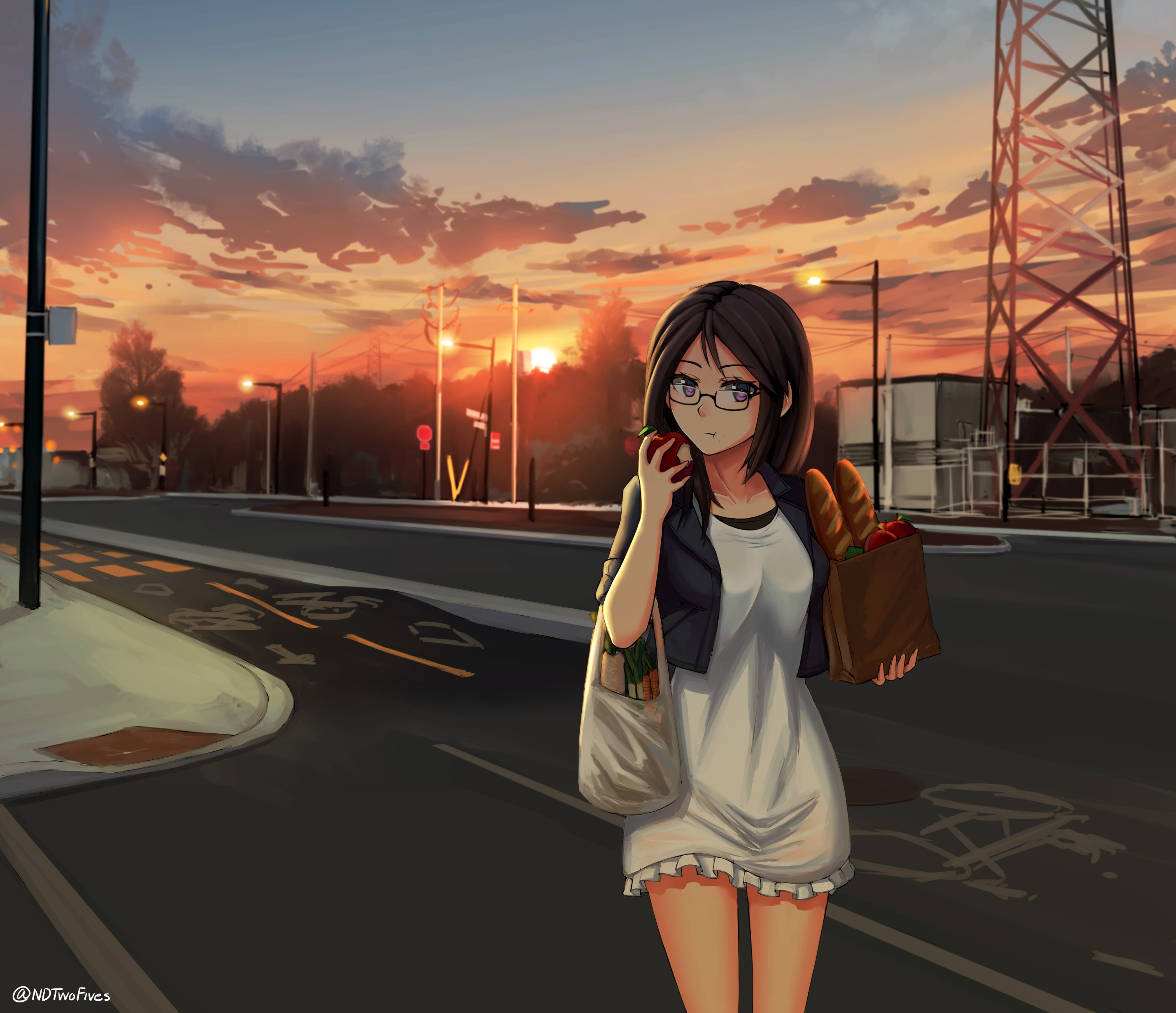 Download mobile wallpaper Anime, Sunset, Girl, Glasses, Black Hair, Long Hair, Purple Eyes for free.