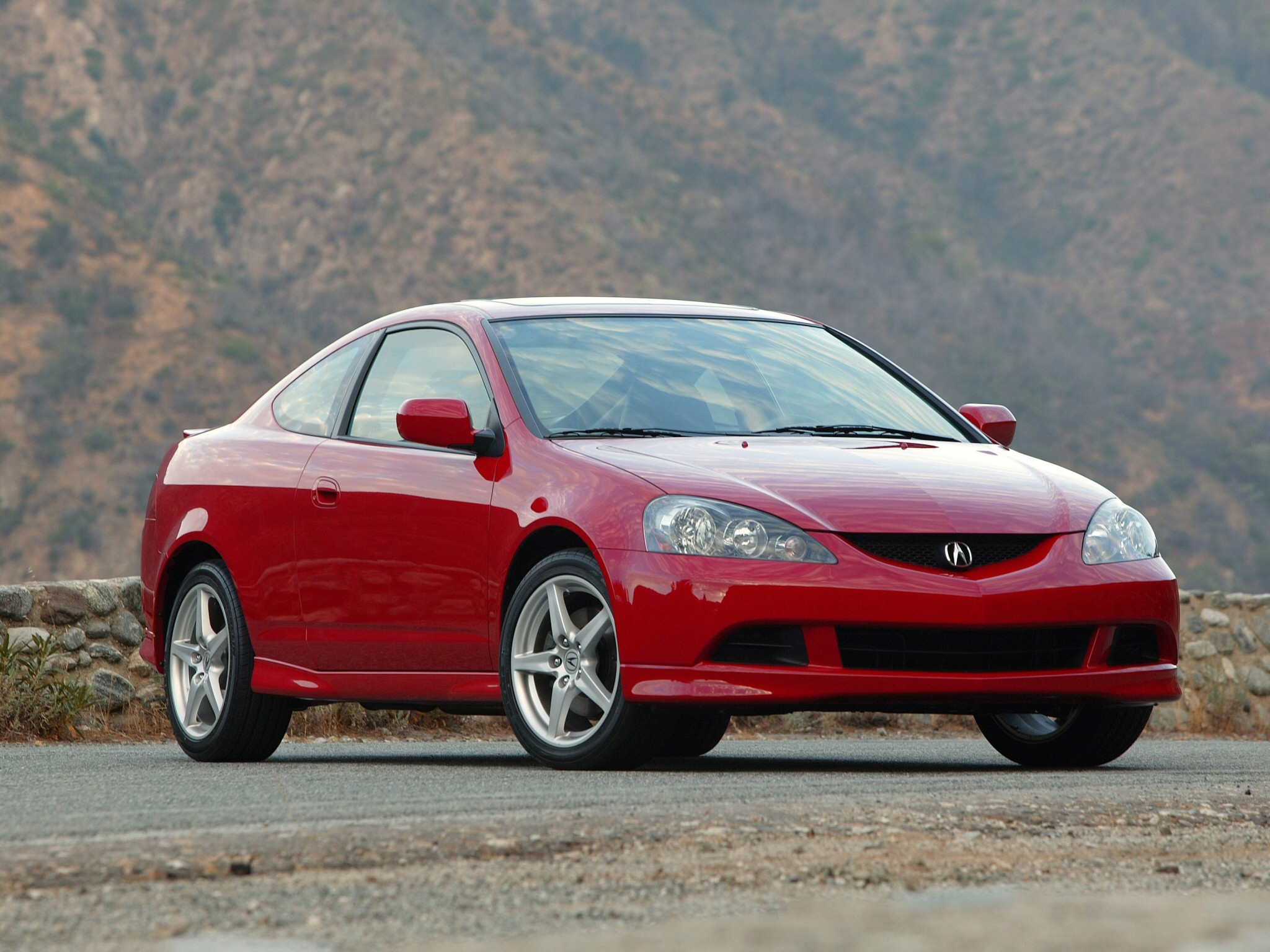 front view, auto, mountains, acura, cars, red, asphalt, style, rsx, 2005, akura