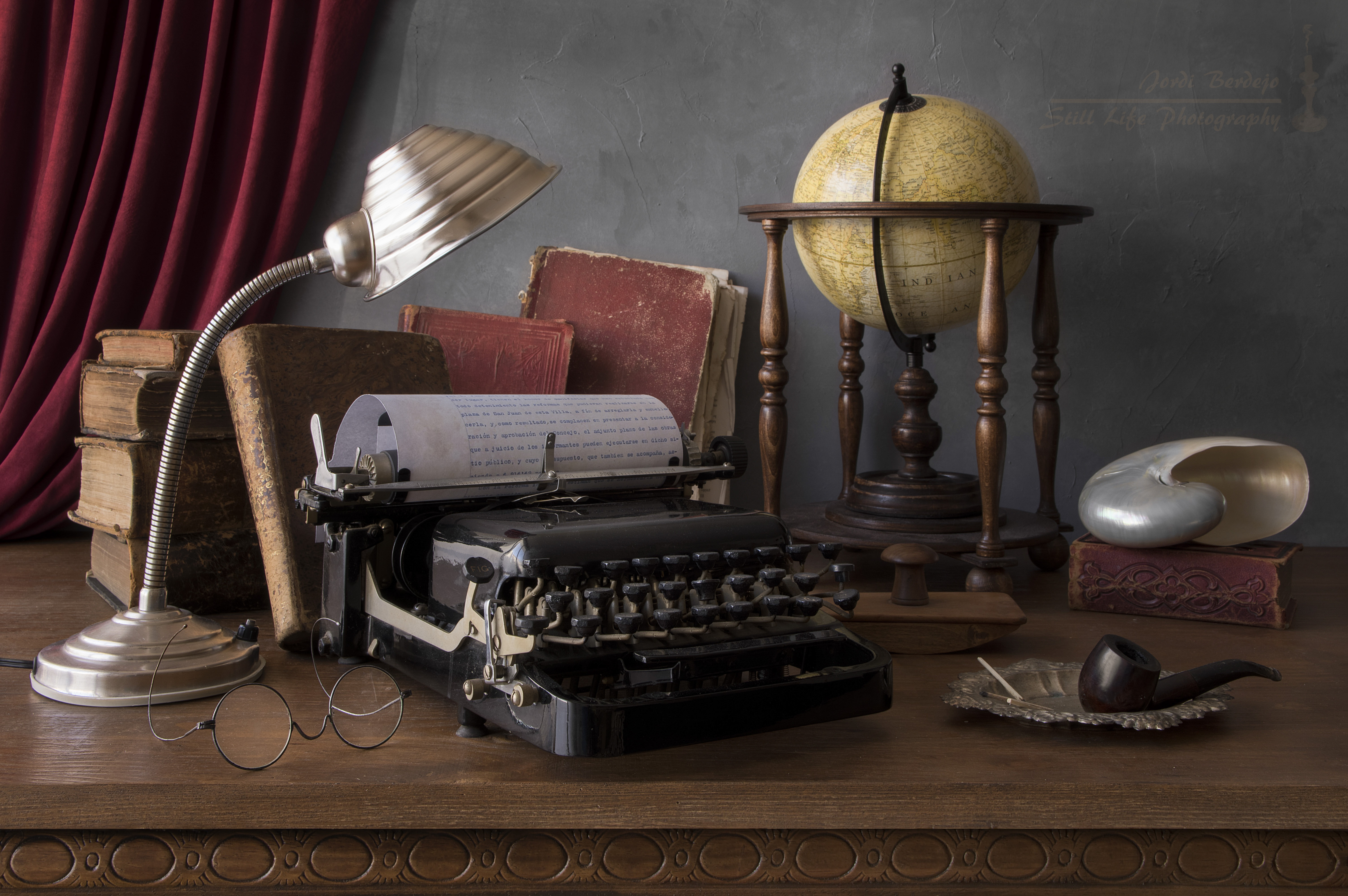 photography, still life, book, glasses, globe, lamp, shell, typewriter
