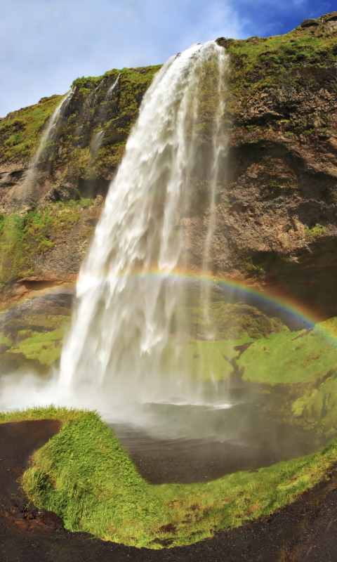 Download mobile wallpaper Grass, Waterfalls, Rainbow, Waterfall, Earth, Iceland, Seljalandsfoss for free.
