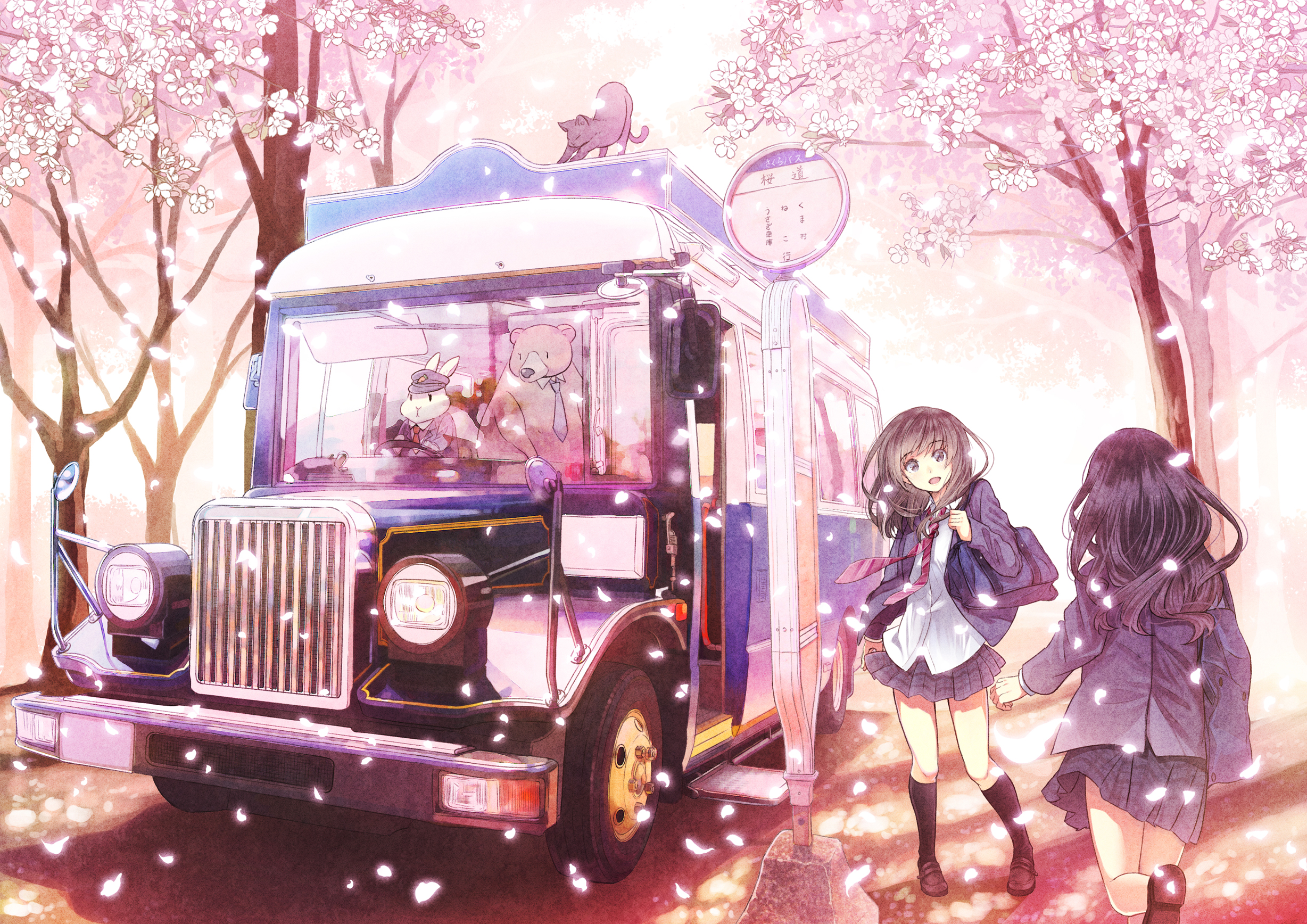 Download mobile wallpaper Anime, Cat, Bear, Rabbit, Skirt, Bus, Cherry Blossom, Original, School Uniform, Long Hair, Brown Hair, Purple Eyes, Purple Hair for free.
