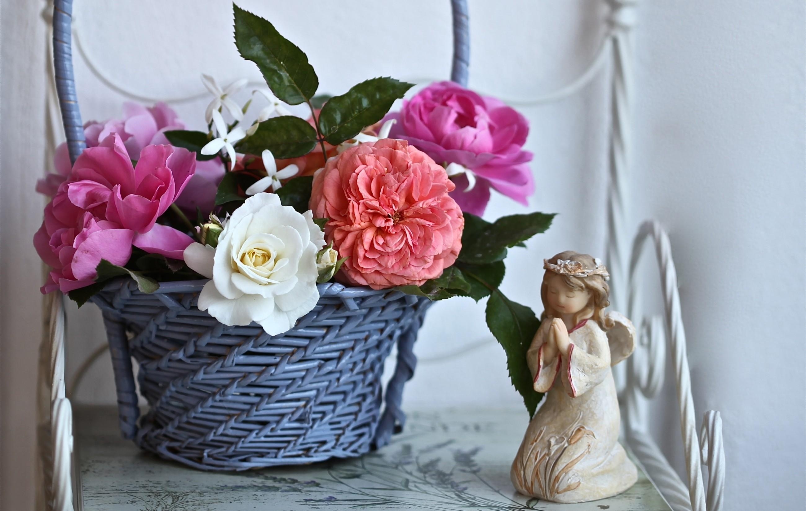 Téléchargez gratuitement l'image Fleurs, Panier, Figurine, Roses, Ange sur le bureau de votre PC