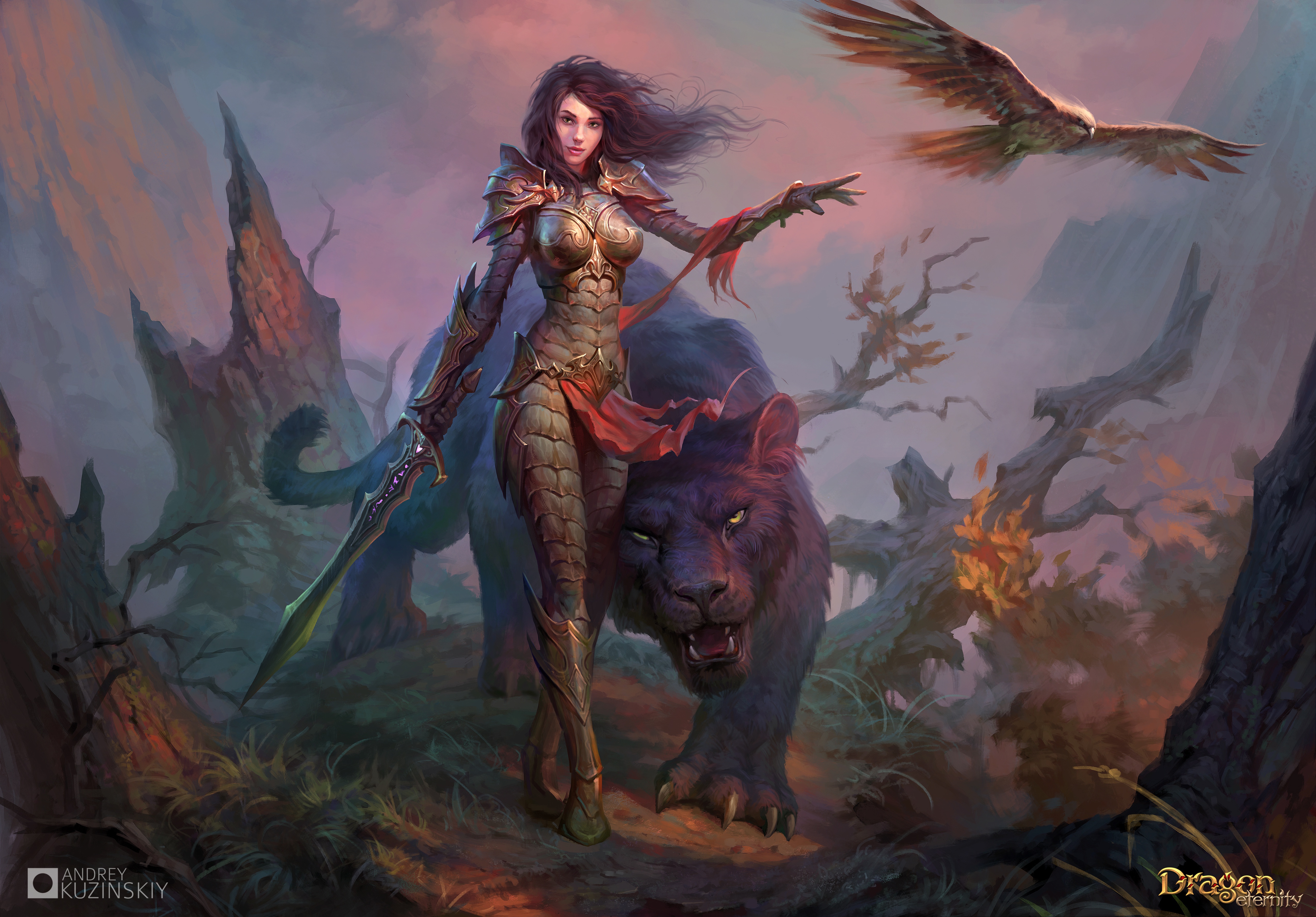 video game, dragon eternity, armor, eagle, sword, tiger, woman warrior