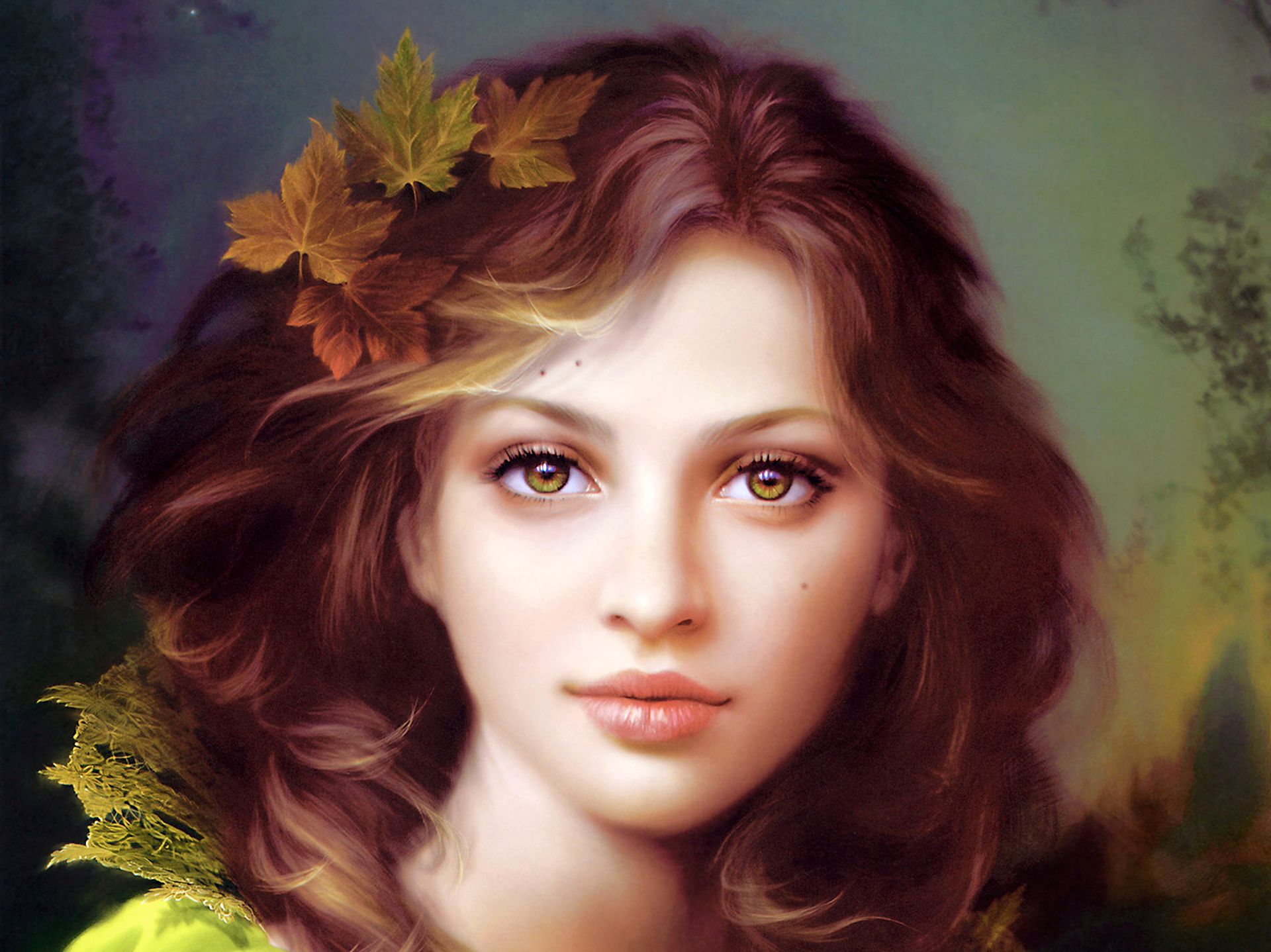 Download mobile wallpaper Fantasy, Leaf, Face, Women for free.