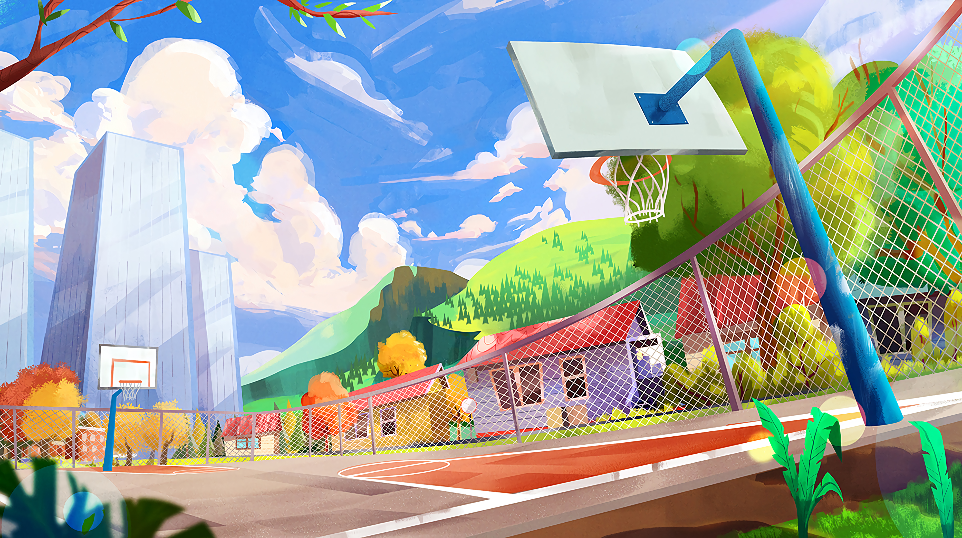 Download PC Wallpaper basketball hoop, playground, city, colorful, art, colourful, basketball ring, sports ground