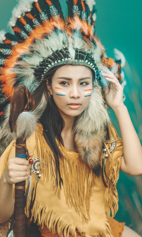 Download mobile wallpaper Feather, Model, Women, Asian, Brown Eyes, Native American for free.