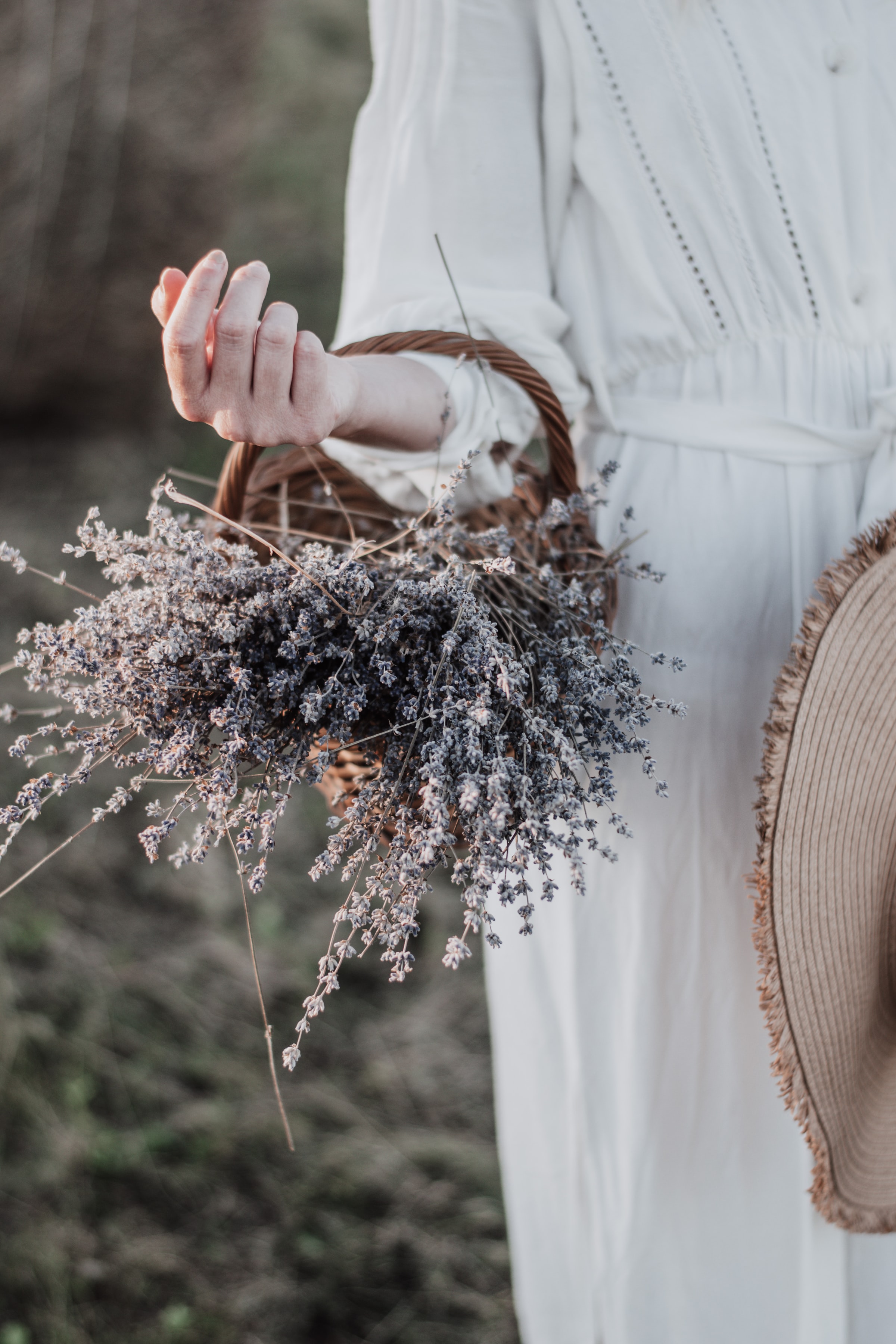Download mobile wallpaper Lavender, Miscellanea, Miscellaneous, Basket, Flowers, Hand, Girl for free.