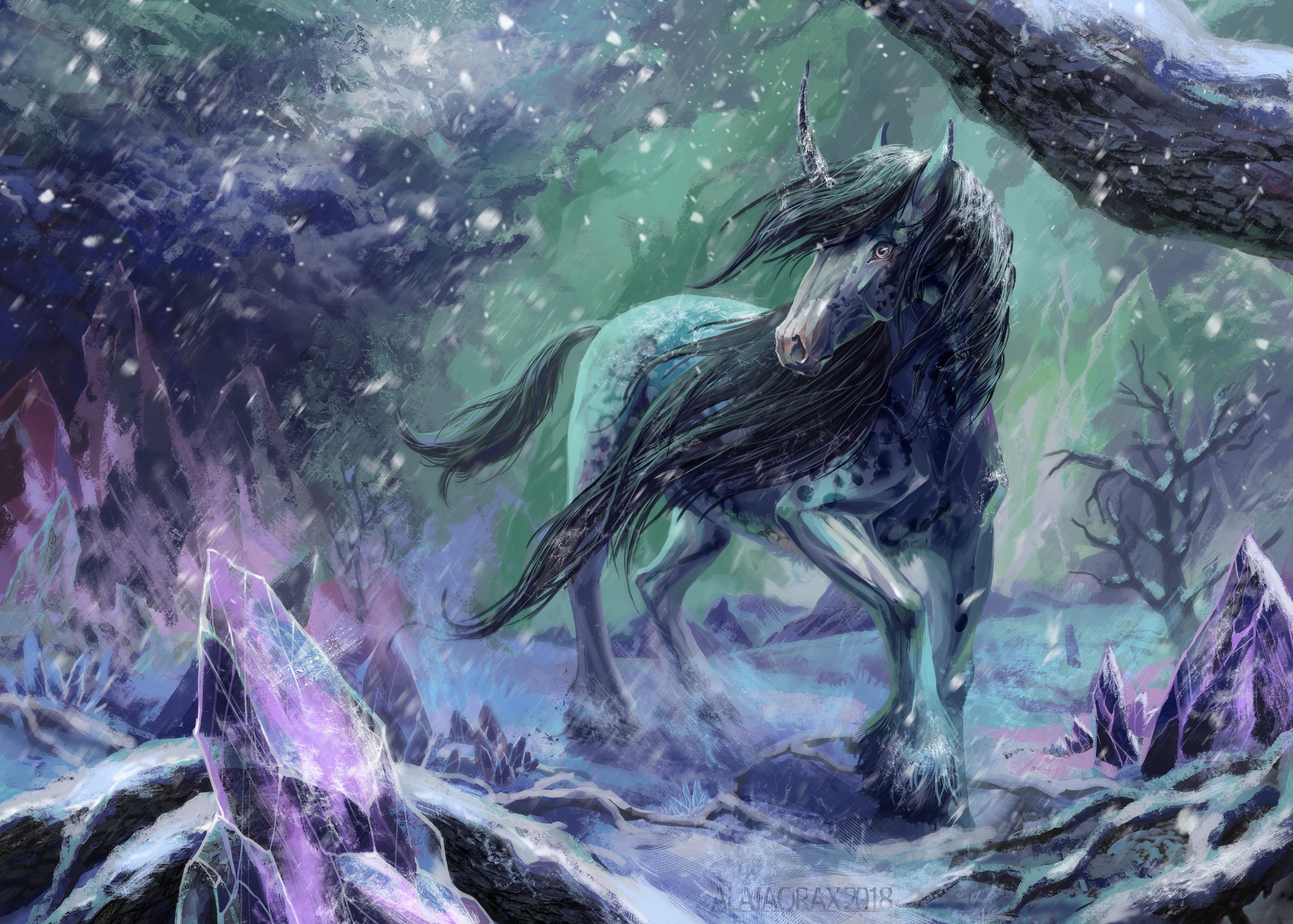 Free download wallpaper Fantasy, Horse, Unicorn, Snowfall, Fantasy Animals on your PC desktop