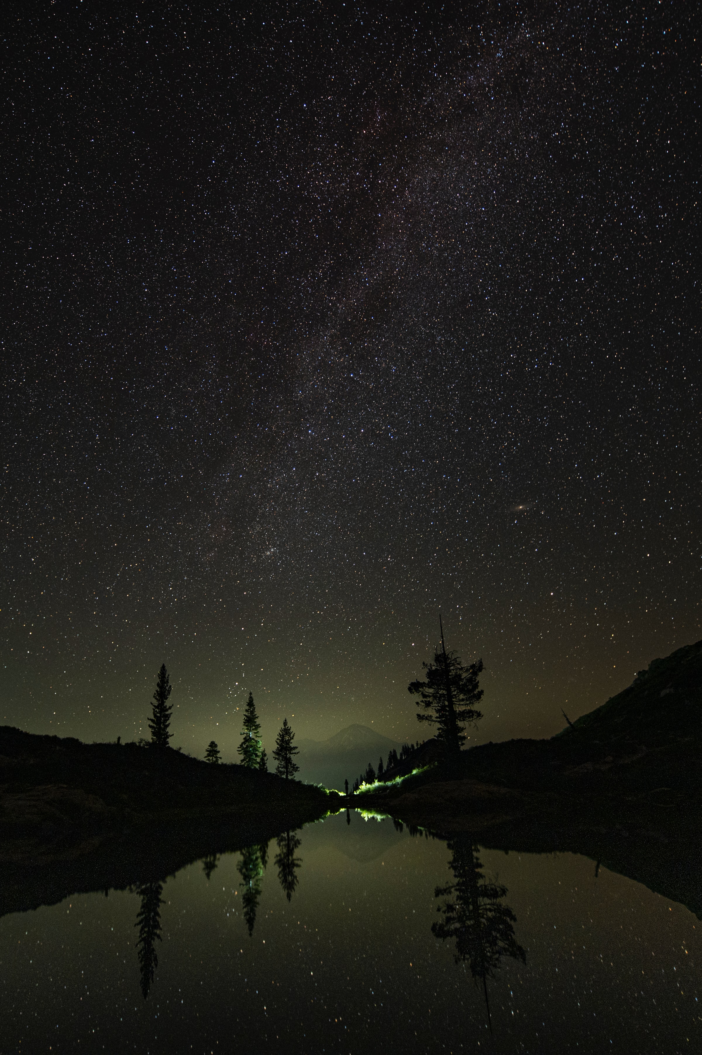 stars, trees, nature, night, mountain, reflection Full HD