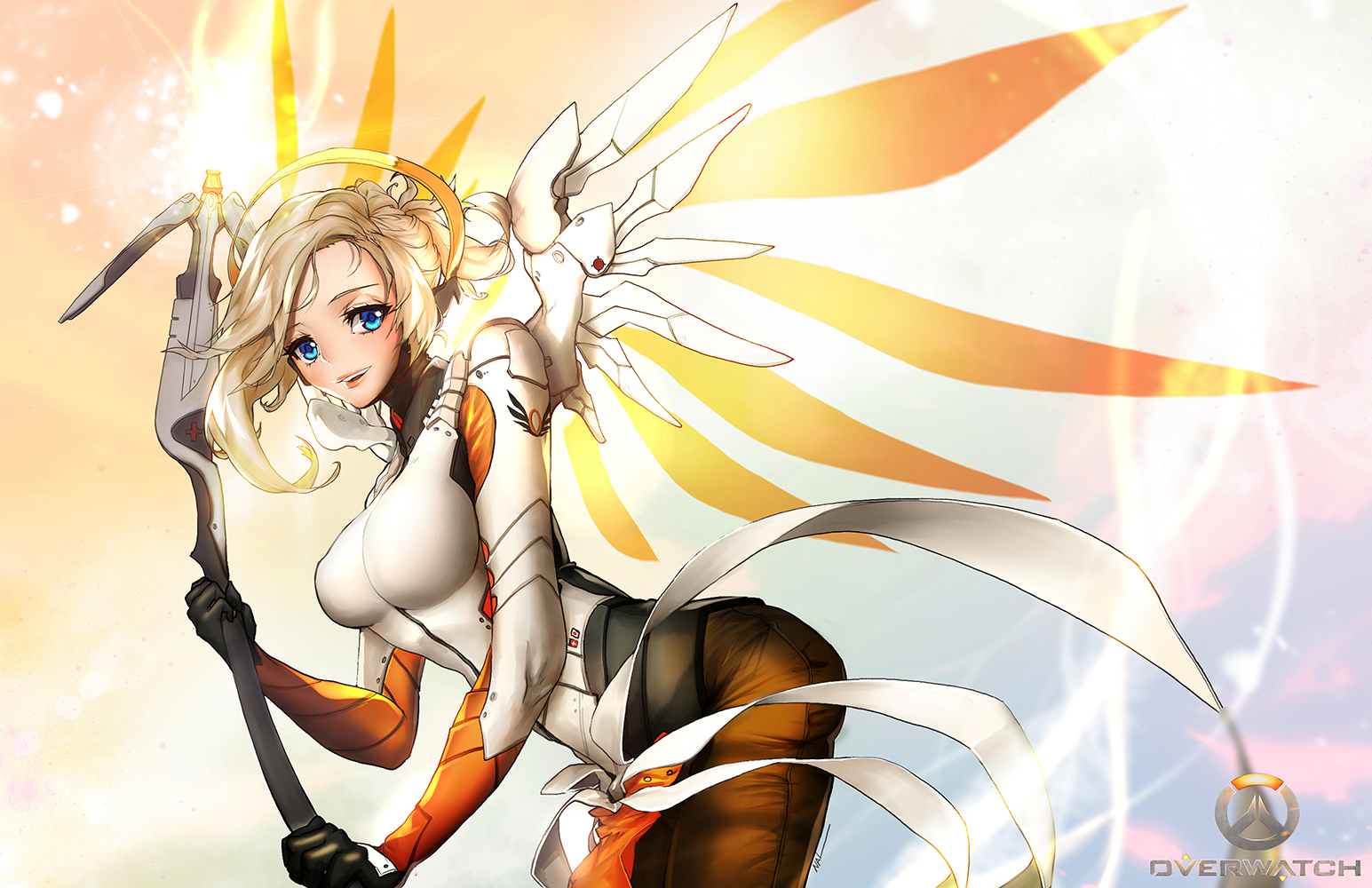 Download mobile wallpaper Weapon, Smile, Wings, Blonde, Blue Eyes, Overwatch, Video Game, Short Hair, Mercy (Overwatch) for free.