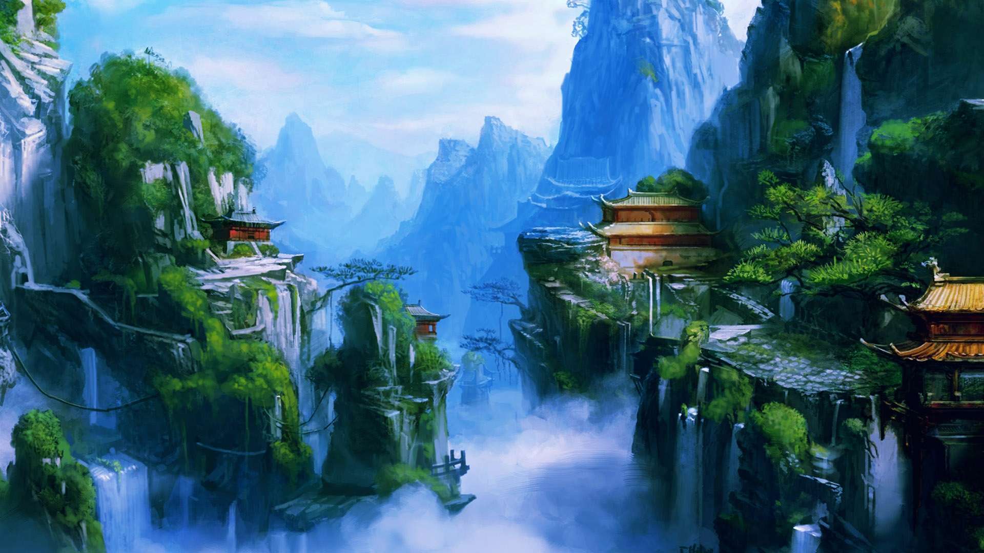 Download mobile wallpaper Fantasy, City, Mountain, Japanese, Asian for free.